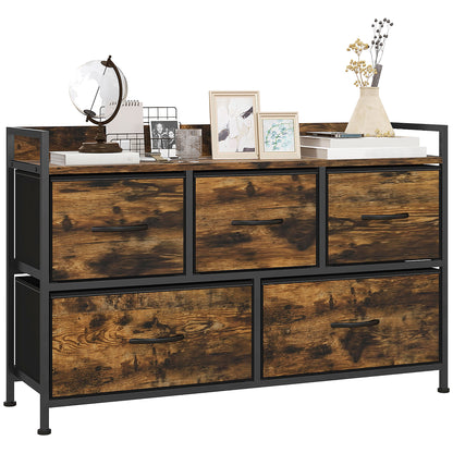 Fabric Drawer Storage Cabinet with 5 Drawers, Shelf Chest with Steel Frame Cabinet for Bedroom, Living Room Rustic Brown