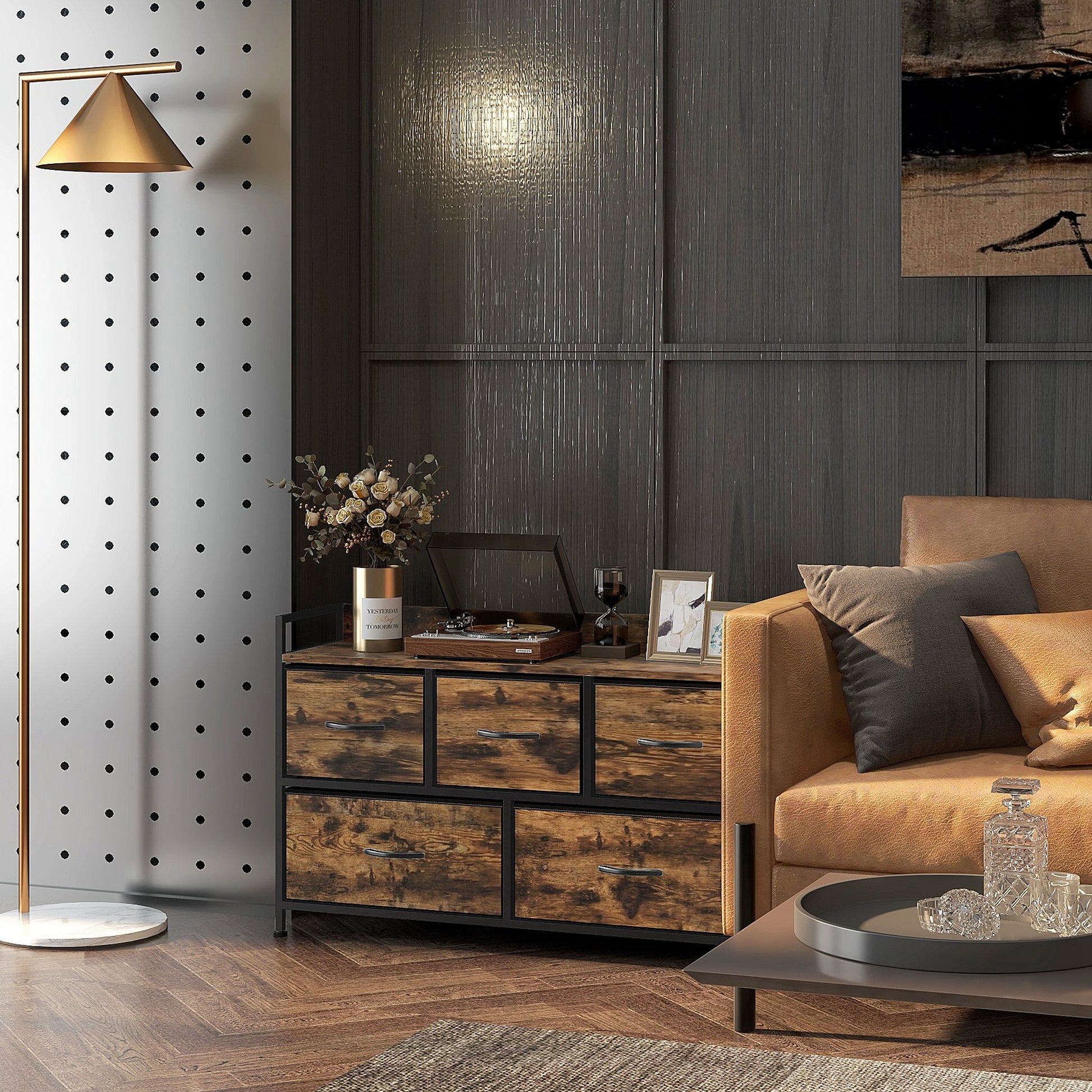 Fabric Drawer Storage Cabinet with 5 Drawers, Shelf Chest with Steel Frame Cabinet for Bedroom, Living Room Rustic Brown