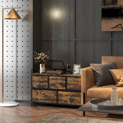 Fabric Drawer Storage Cabinet with 5 Drawers, Shelf Chest with Steel Frame Cabinet for Bedroom, Living Room Rustic Brown