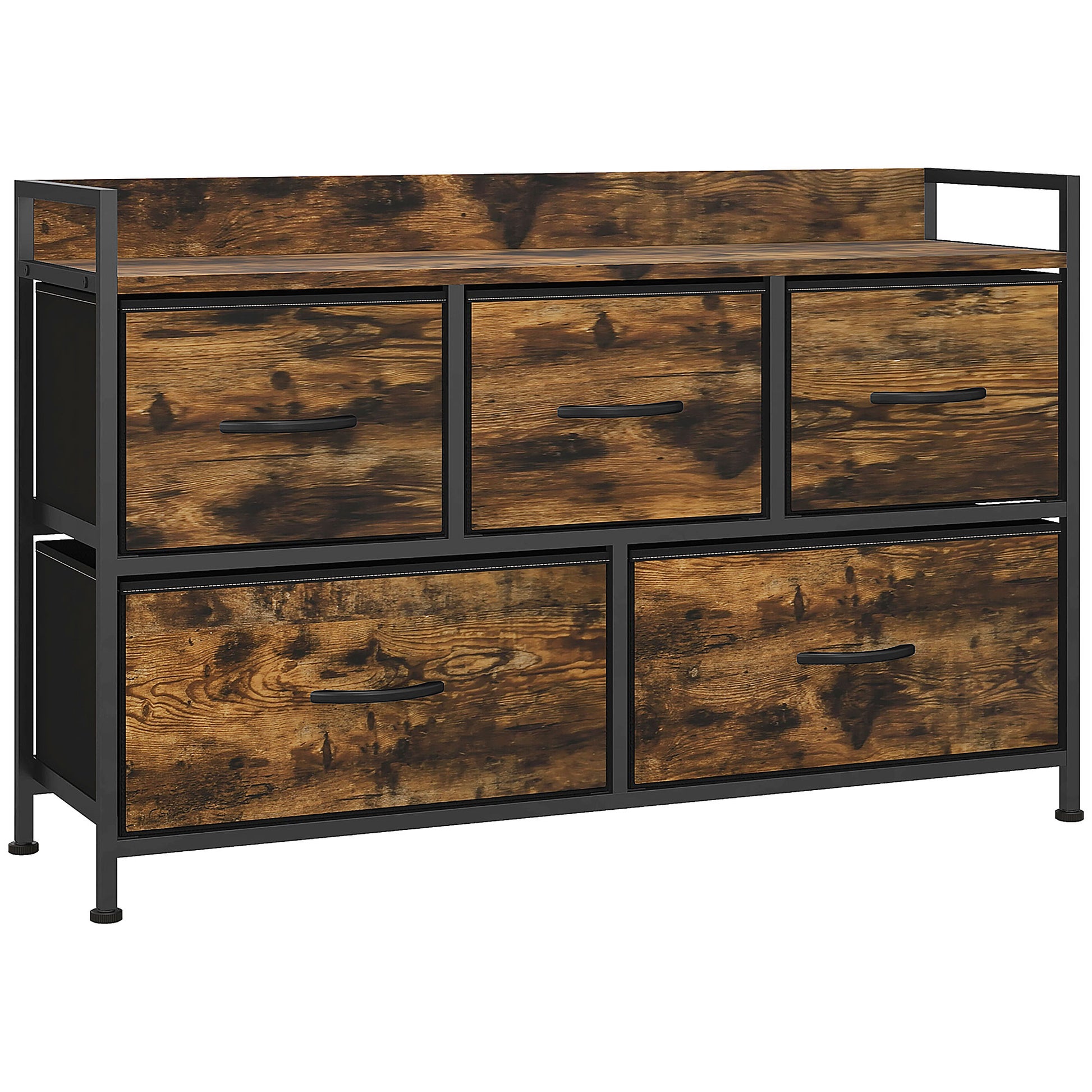 Fabric Drawer Storage Cabinet with 5 Drawers, Shelf Chest with Steel Frame Cabinet for Bedroom, Living Room Rustic Brown