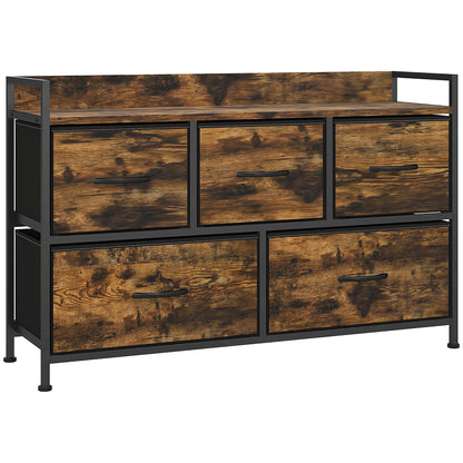 Fabric Drawer Storage Cabinet with 5 Drawers, Shelf Chest with Steel Frame Cabinet for Bedroom, Living Room Rustic Brown