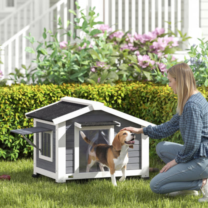 Weatherproof Wooden Dog House with Removable Floor, Asphalt Roof & Opening Window, 38.6" x 29.9" x 27.4" – Gray
