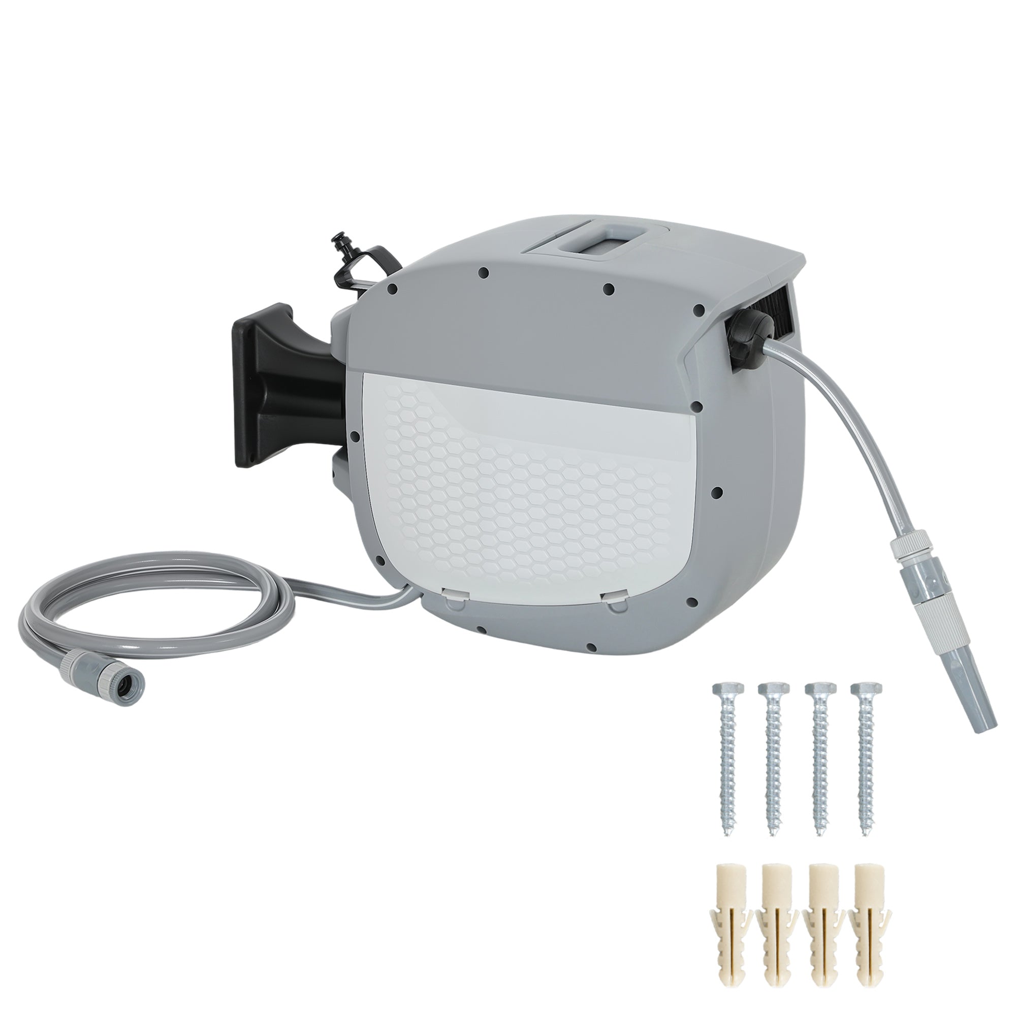 Retractable Garden Hose Reel 20 m + 1.9 m, 2-Mode Nozzle, Wall-Mount with Auto-Lock and Controlled Rewind, 180° Swivel, Gray