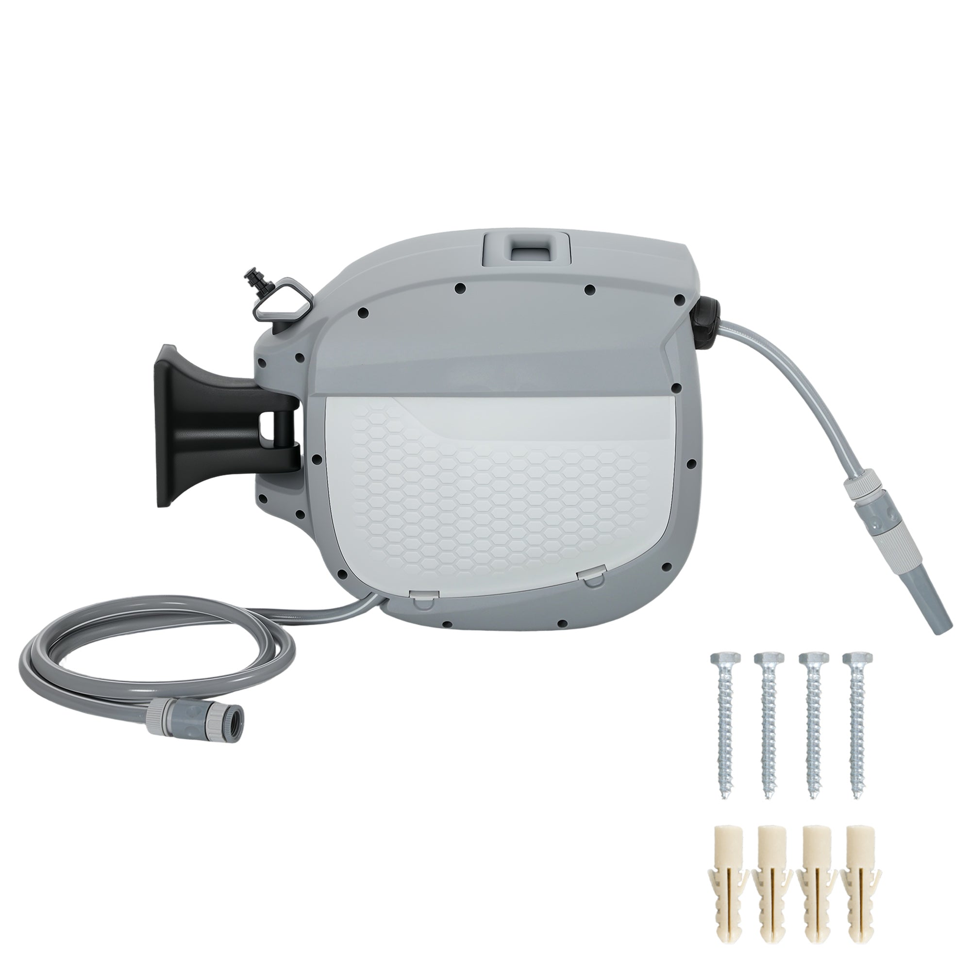 Retractable Garden Hose Reel 20 m + 1.9 m, 2-Mode Nozzle, Wall-Mount with Auto-Lock and Controlled Rewind, 180° Swivel, Gray