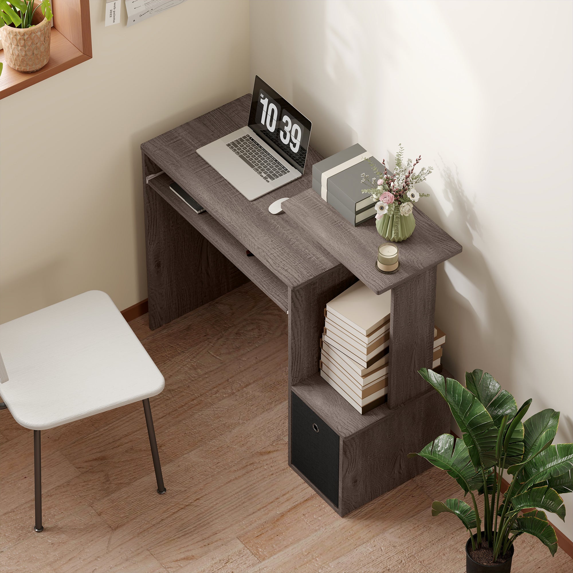 Multimedia Computer Desk with Shelves Sliding Shelf Keyboard Basket Black Particle Board Gray