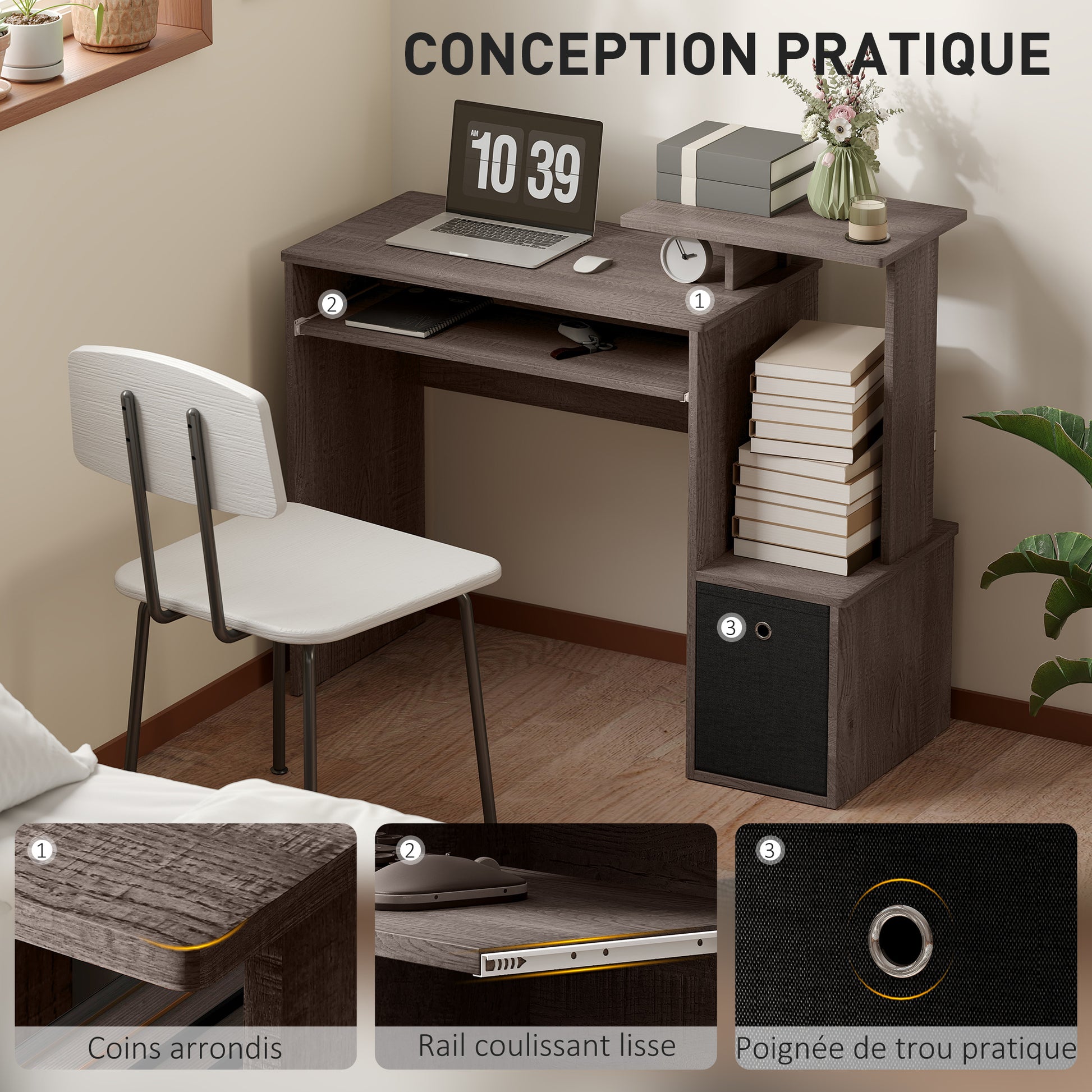 Multimedia Computer Desk with Shelves Sliding Shelf Keyboard Basket Black Particle Board Gray