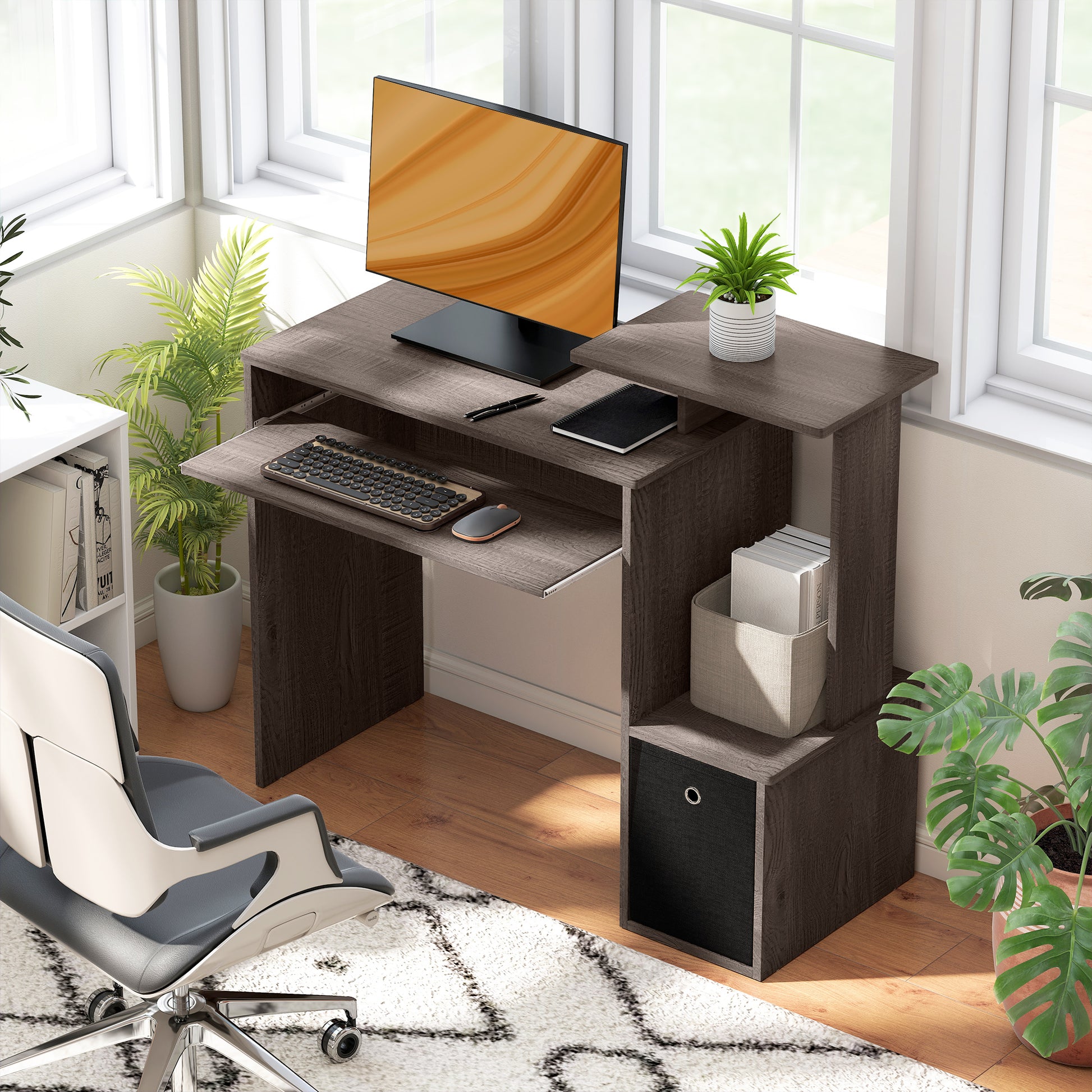 Multimedia Computer Desk with Shelves Sliding Shelf Keyboard Basket Black Particle Board Gray