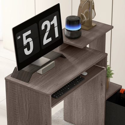 Multimedia Computer Desk with Shelves Sliding Shelf Keyboard Basket Black Particle Board Gray