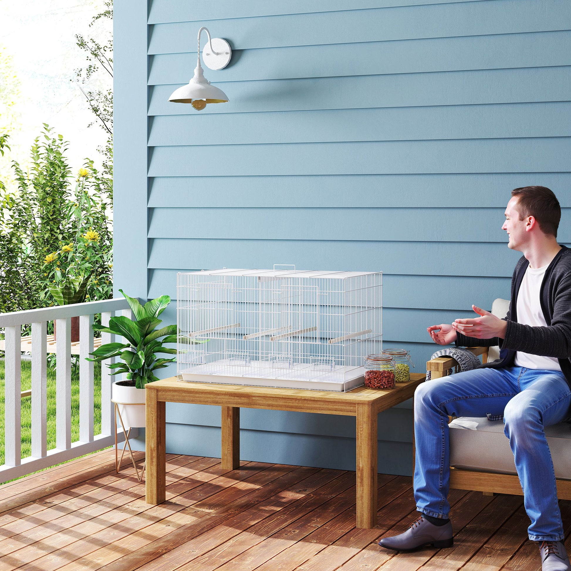 Bird Cage with Divider Birdcage with 4 Feeders 4 Perches and Removable Tray Cage for Parrots Canaries Budgies 76x46x46 cm White