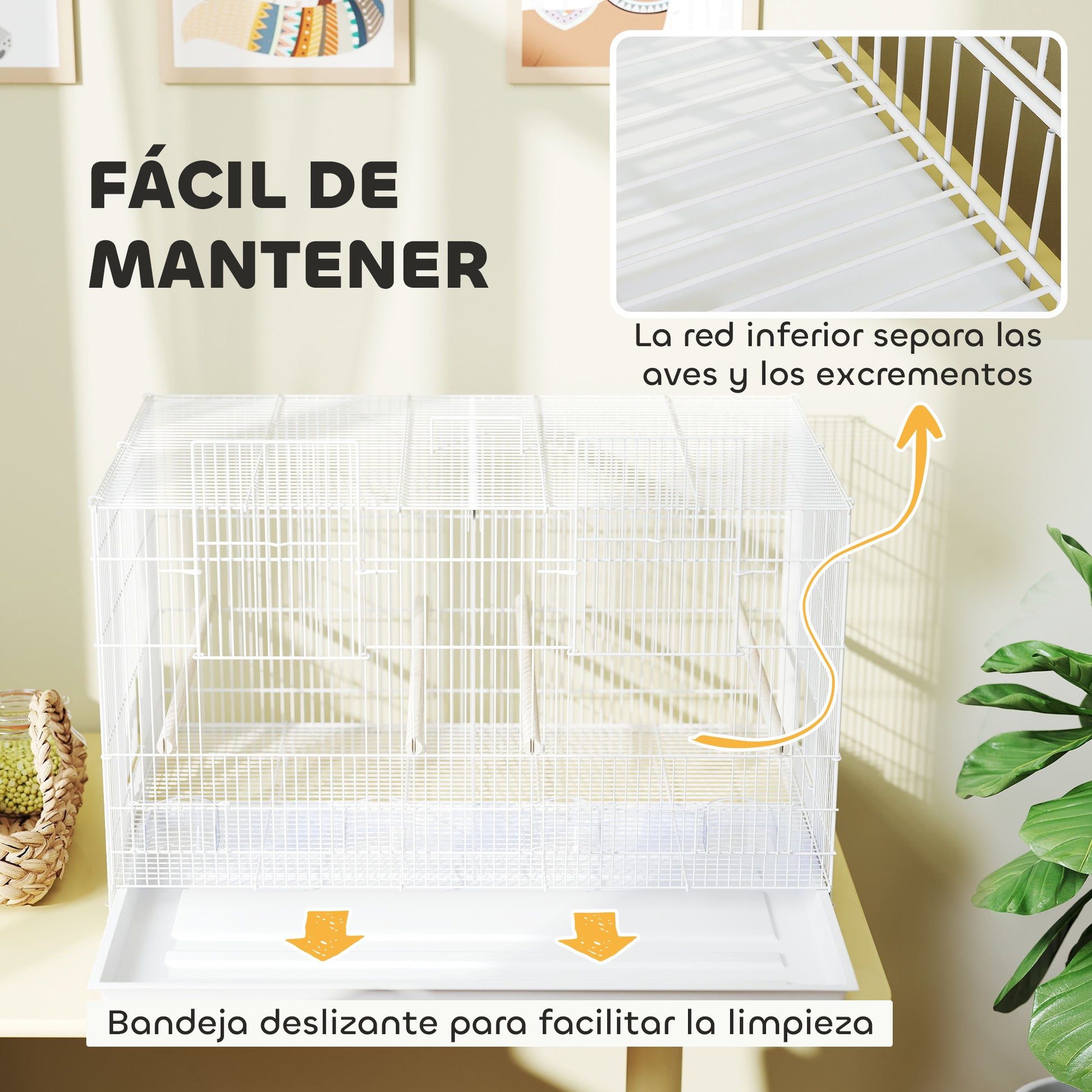 Bird Cage with Divider Birdcage with 4 Feeders 4 Perches and Removable Tray Cage for Parrots Canaries Budgies 76x46x46 cm White