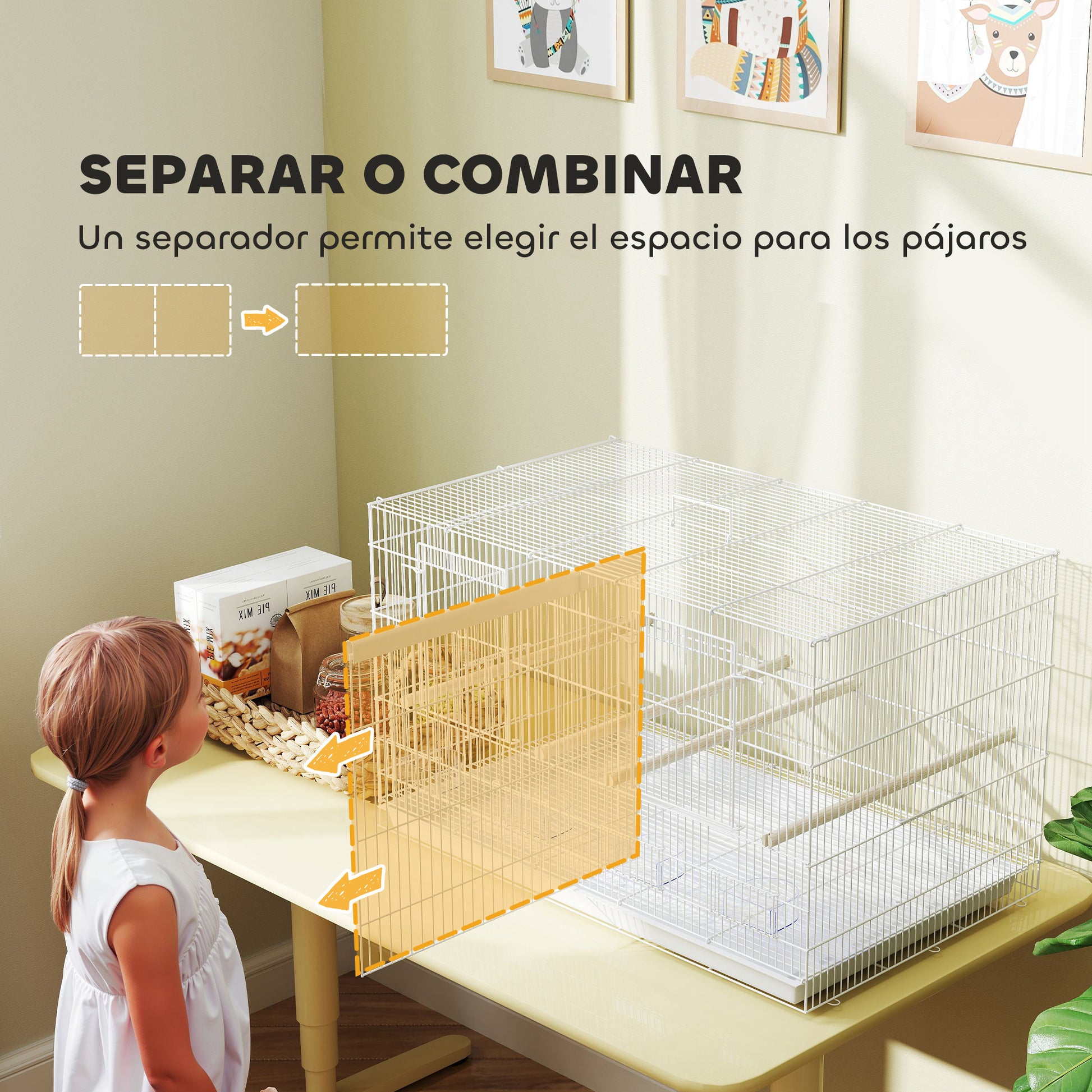 Bird Cage with Divider Birdcage with 4 Feeders 4 Perches and Removable Tray Cage for Parrots Canaries Budgies 76x46x46 cm White