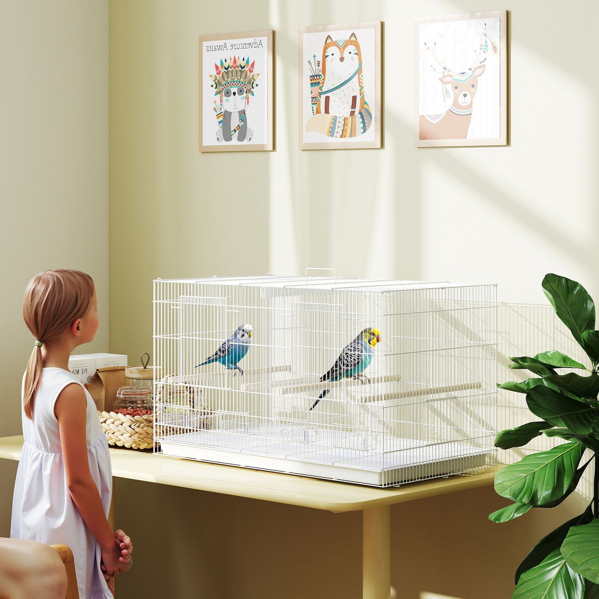 Bird Cage with Divider Birdcage with 4 Feeders 4 Perches and Removable Tray Cage for Parrots Canaries Budgies 76x46x46 cm White