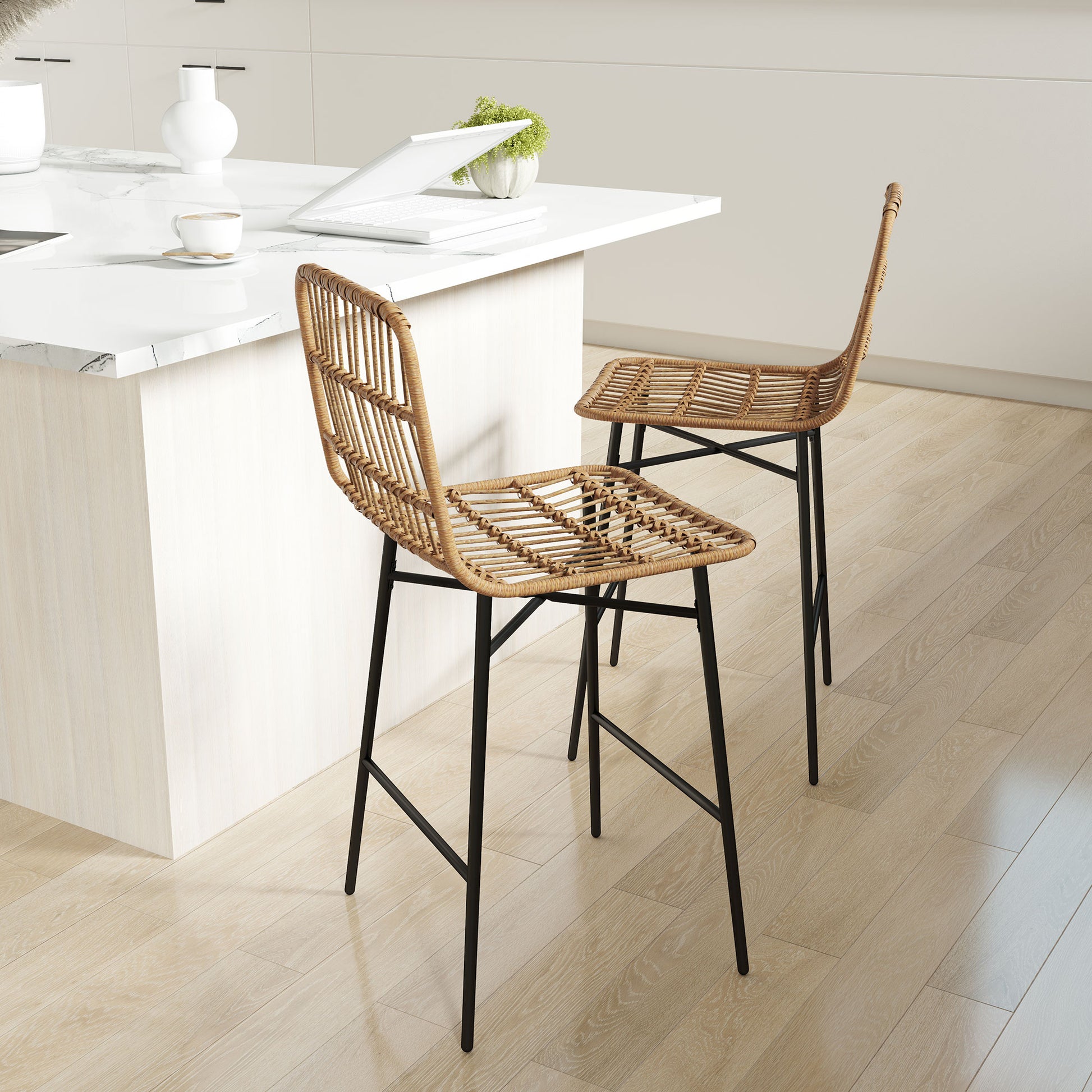 Set of 2 High Kitchen Stools Bar Stools with Rattan Back and Seat Load 120 kg Modern Bar Chairs for Kitchen Dining Room Brown