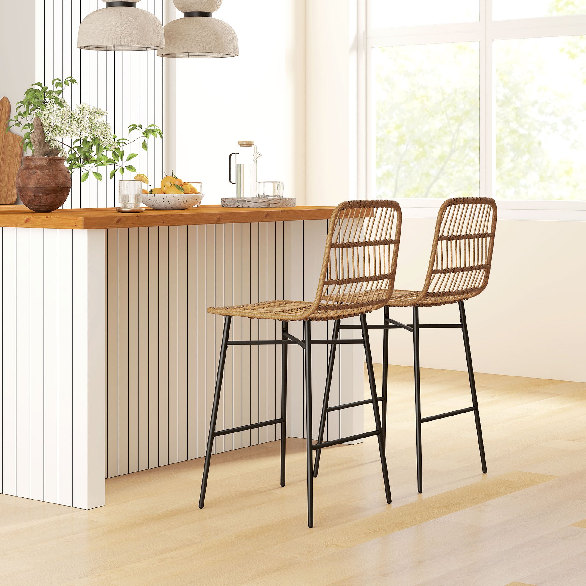Set of 2 High Kitchen Stools Bar Stools with Rattan Back and Seat Load 120 kg Modern Bar Chairs for Kitchen Dining Room Brown