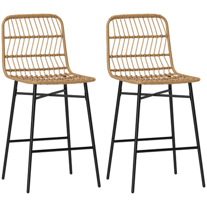 Set of 2 High Kitchen Stools Bar Stools with Rattan Back and Seat Load 120 kg Modern Bar Chairs for Kitchen Dining Room Brown