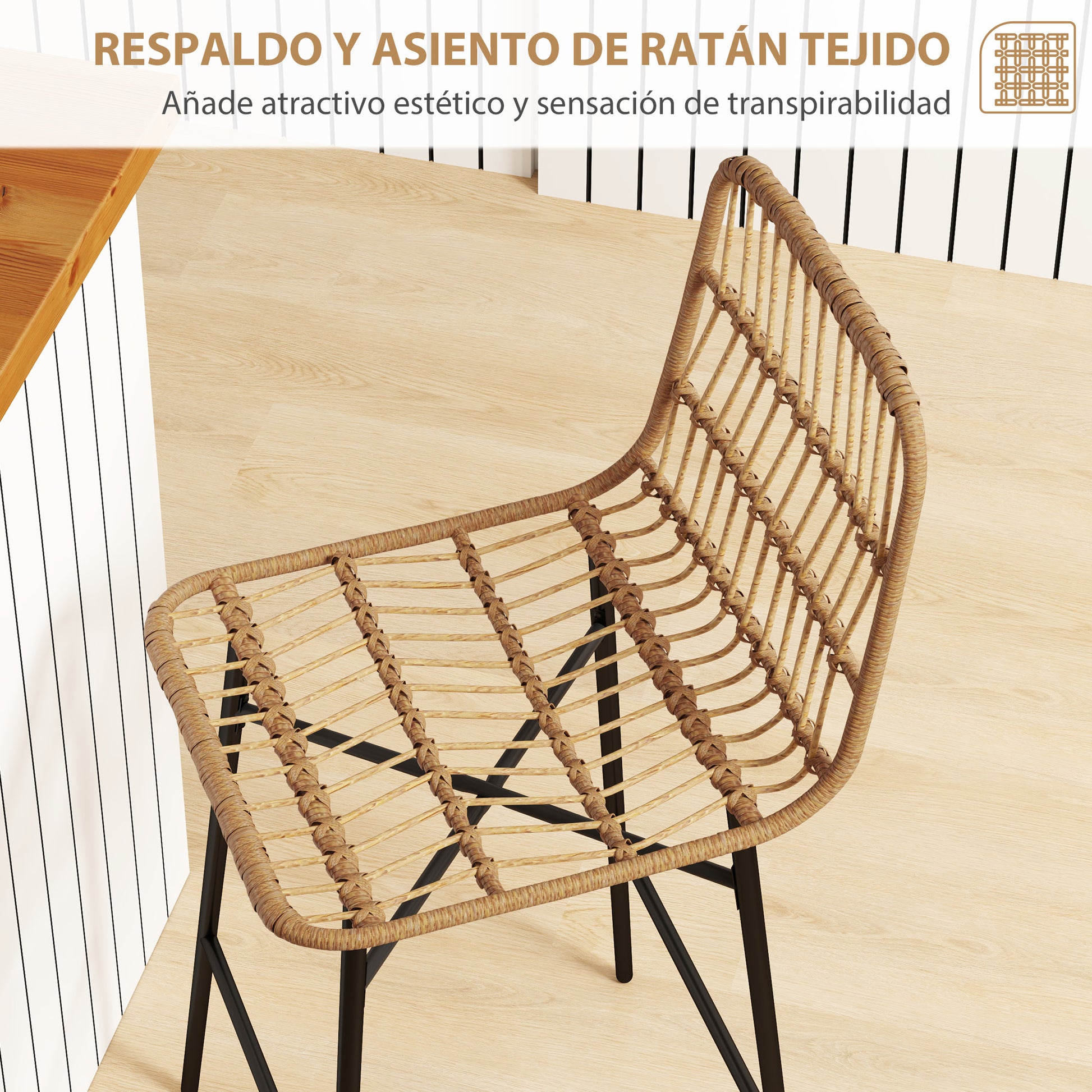 Set of 2 High Kitchen Stools Bar Stools with Rattan Back and Seat Load 120 kg Modern Bar Chairs for Kitchen Dining Room Brown