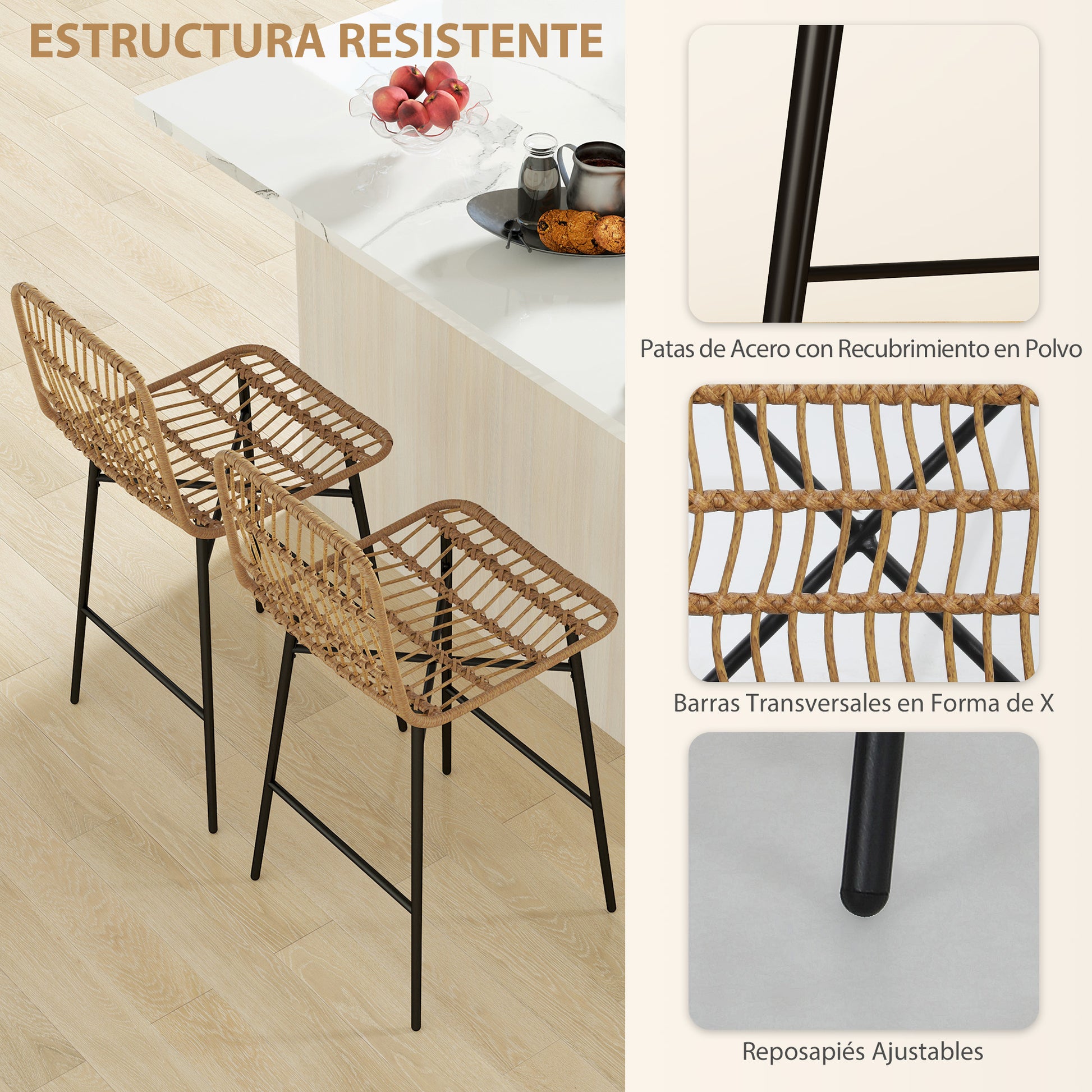 Set of 2 High Kitchen Stools Bar Stools with Rattan Back and Seat Load 120 kg Modern Bar Chairs for Kitchen Dining Room Brown