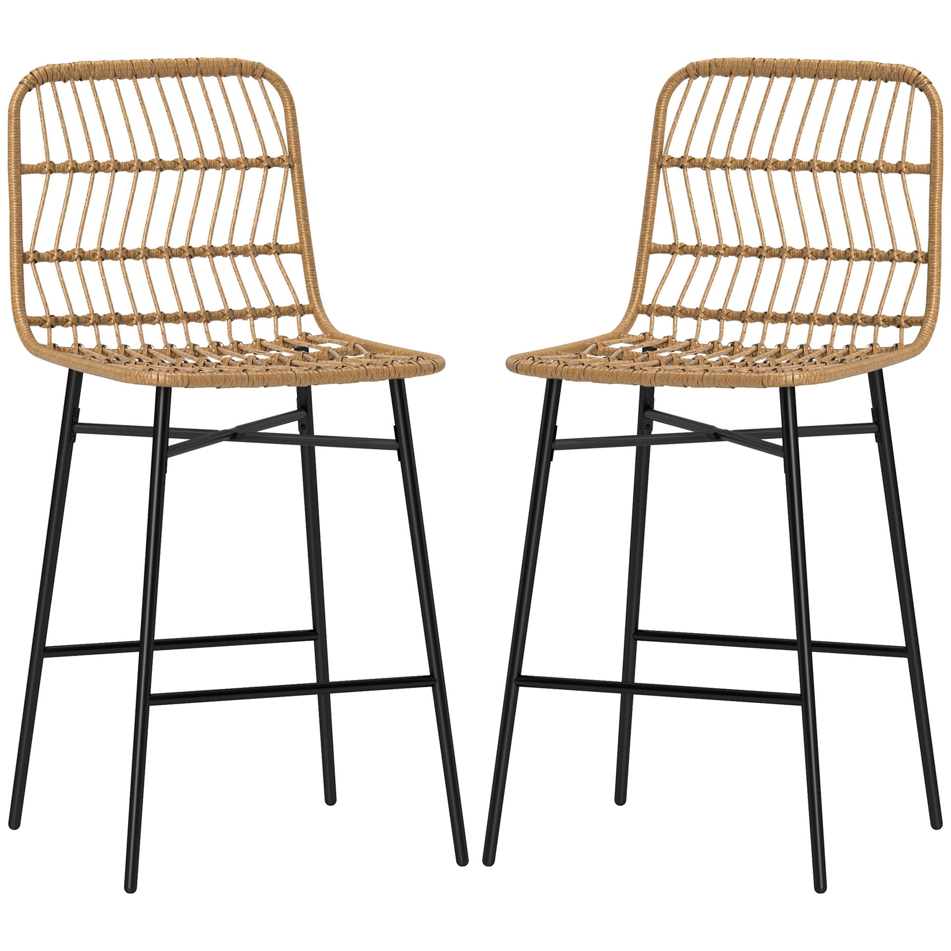 Set of 2 High Kitchen Stools Bar Stools with Rattan Back and Seat Load 120 kg Modern Bar Chairs for Kitchen Dining Room Brown