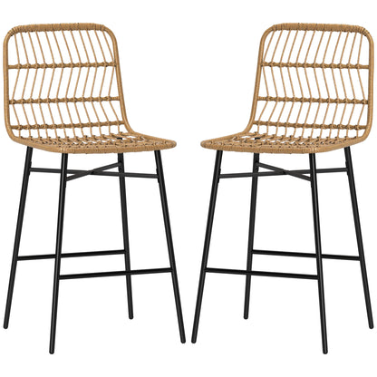 Set of 2 High Kitchen Stools Bar Stools with Rattan Back and Seat Load 120 kg Modern Bar Chairs for Kitchen Dining Room Brown