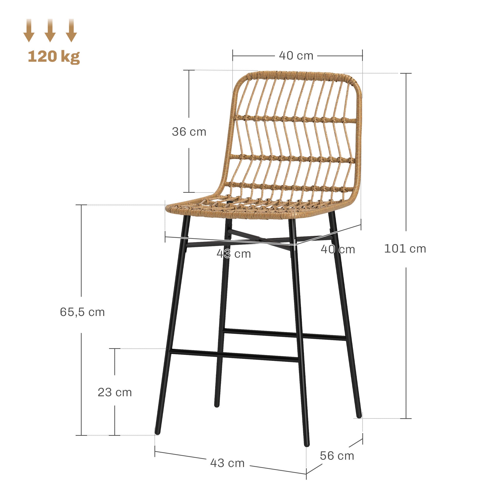 Set of 2 High Kitchen Stools Bar Stools with Rattan Back and Seat Load 120 kg Modern Bar Chairs for Kitchen Dining Room Brown