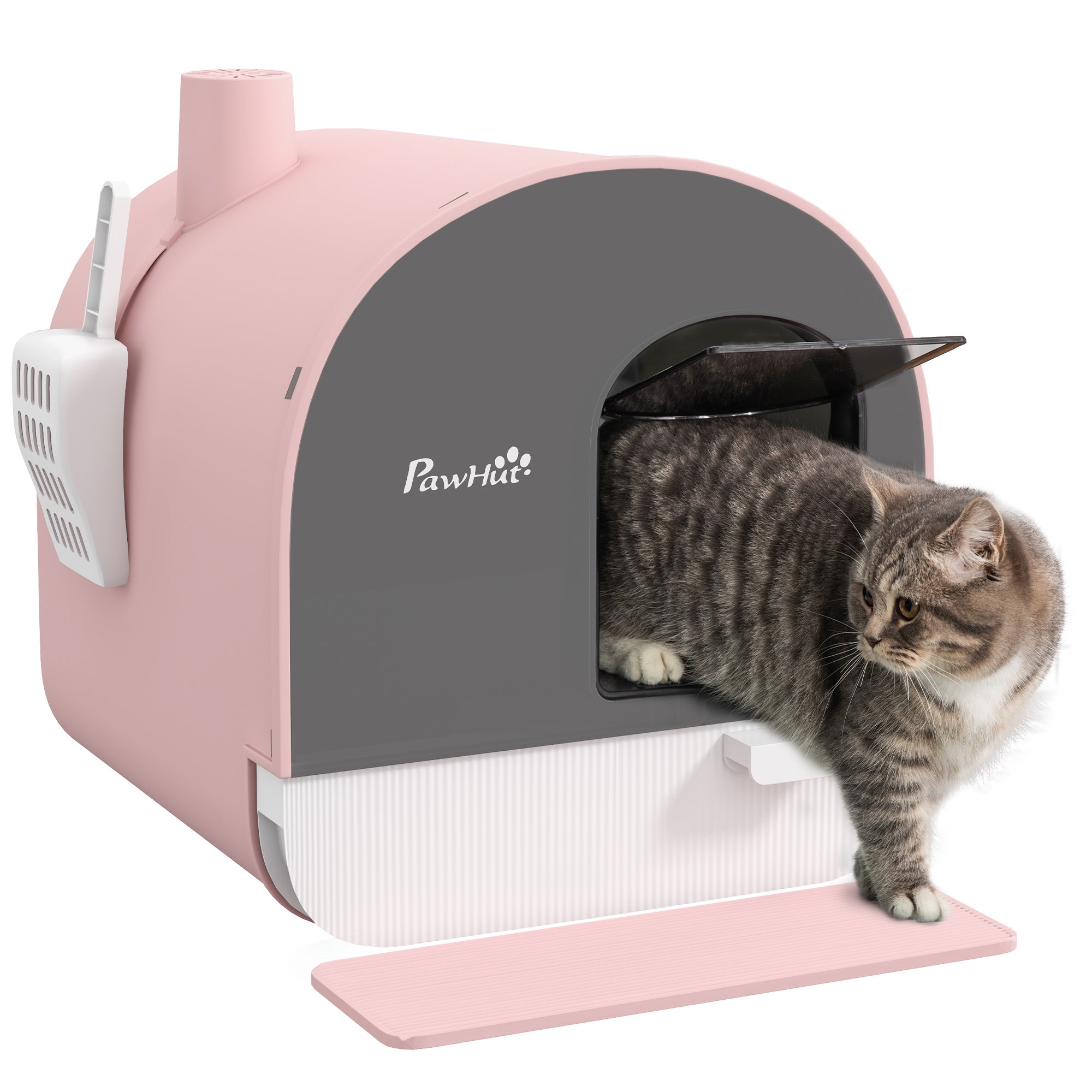 Cat Litter Box with Lid, Cat Toilet Including Scoop and Cat Litter Mat, Pull-Out Tray, Cat Litter Box for Large Cats, Pink, 43 x 44 x 47 cm