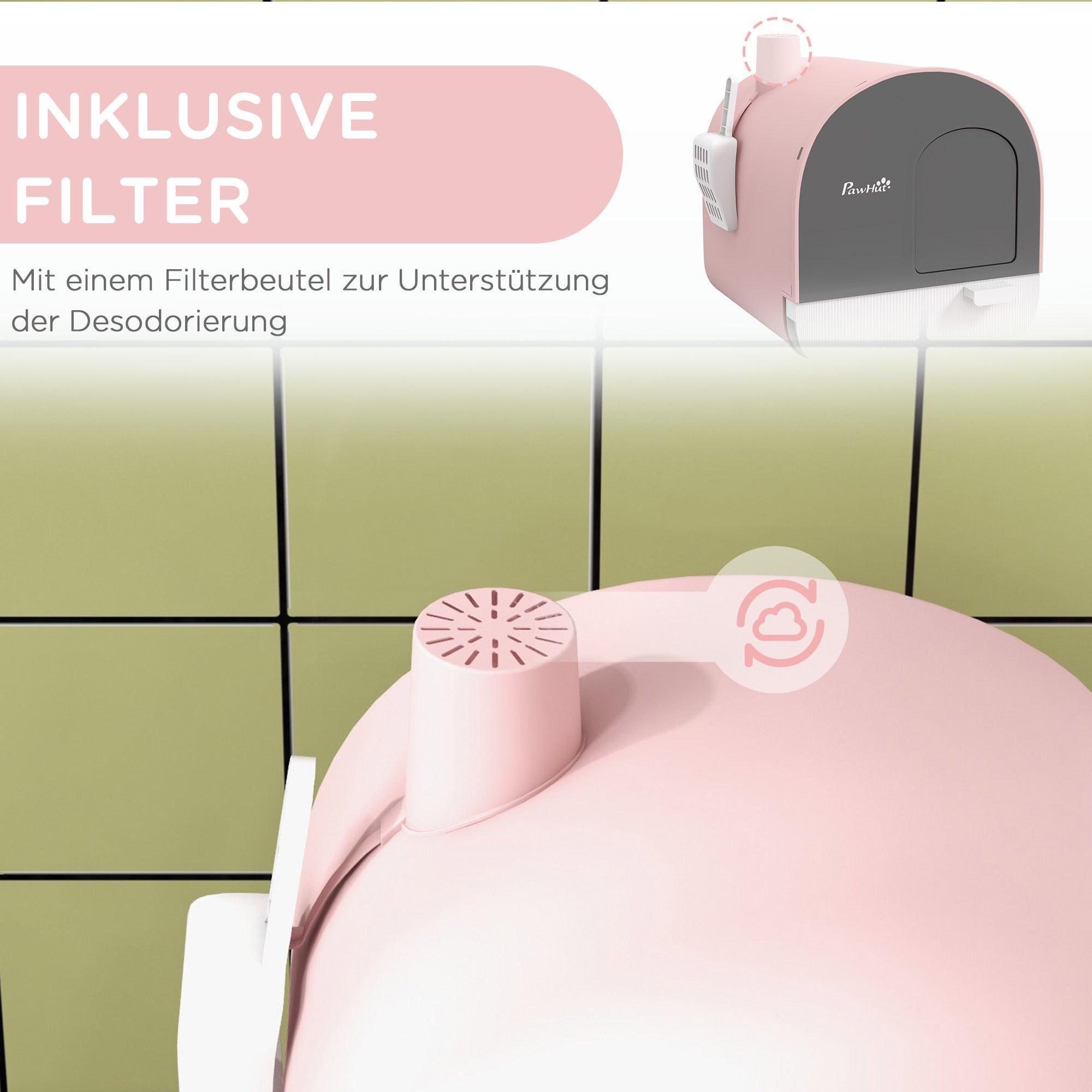 Cat Litter Box with Lid, Cat Toilet Including Scoop and Cat Litter Mat, Pull-Out Tray, Cat Litter Box for Large Cats, Pink, 43 x 44 x 47 cm