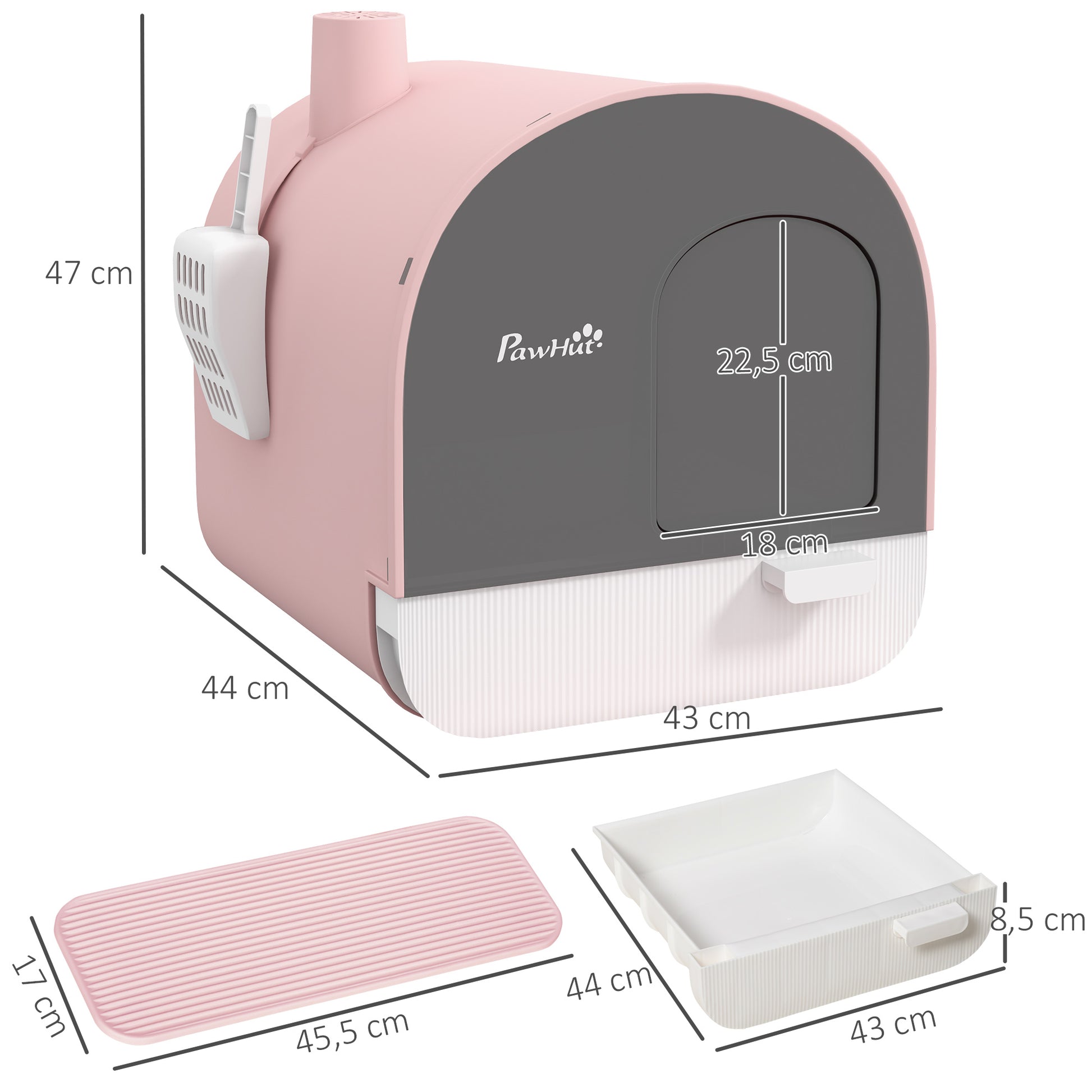 Cat Litter Box with Lid, Cat Toilet Including Scoop and Cat Litter Mat, Pull-Out Tray, Cat Litter Box for Large Cats, Pink, 43 x 44 x 47 cm