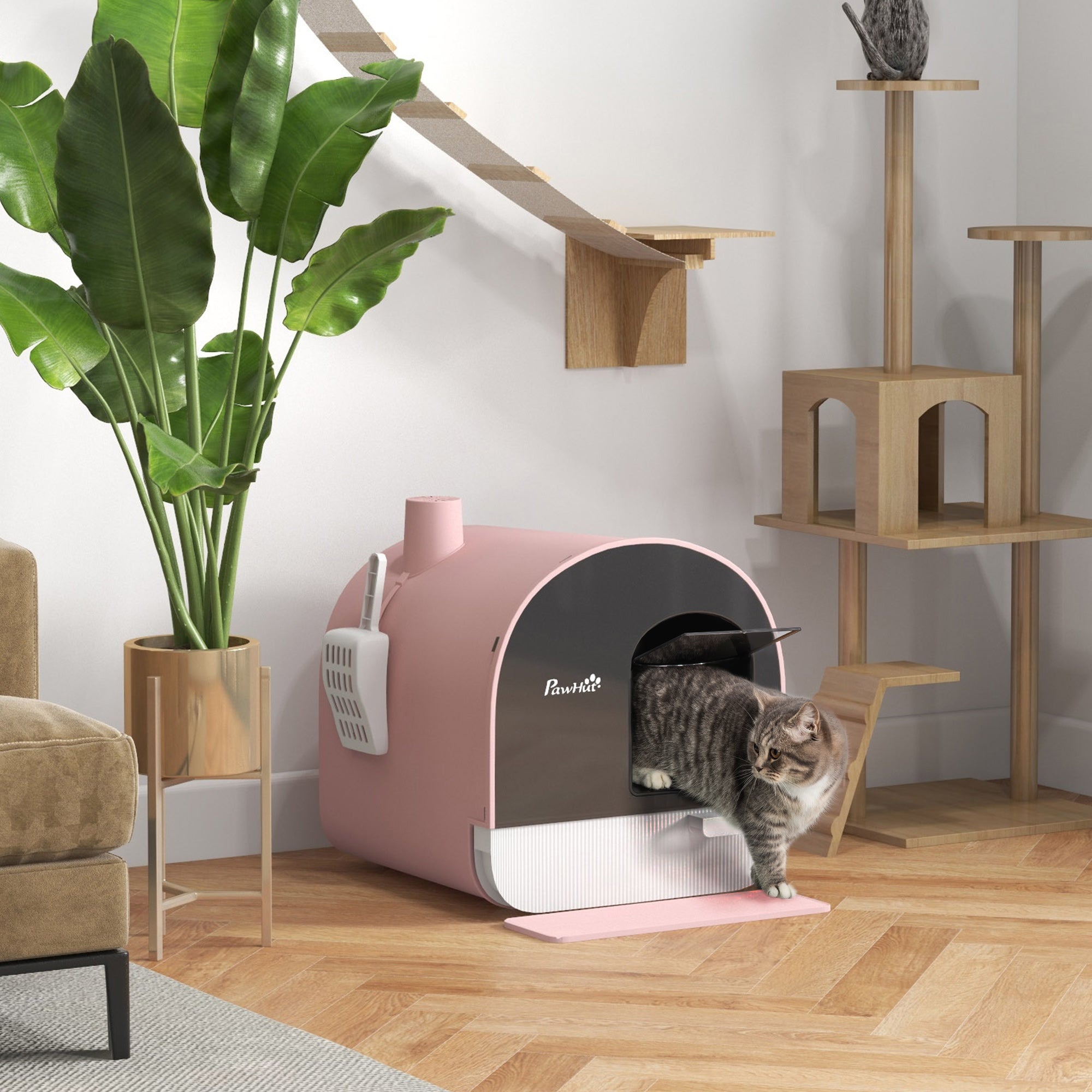 Cat Litter Box with Lid, Cat Toilet Including Scoop and Cat Litter Mat, Pull-Out Tray, Cat Litter Box for Large Cats, Pink, 43 x 44 x 47 cm