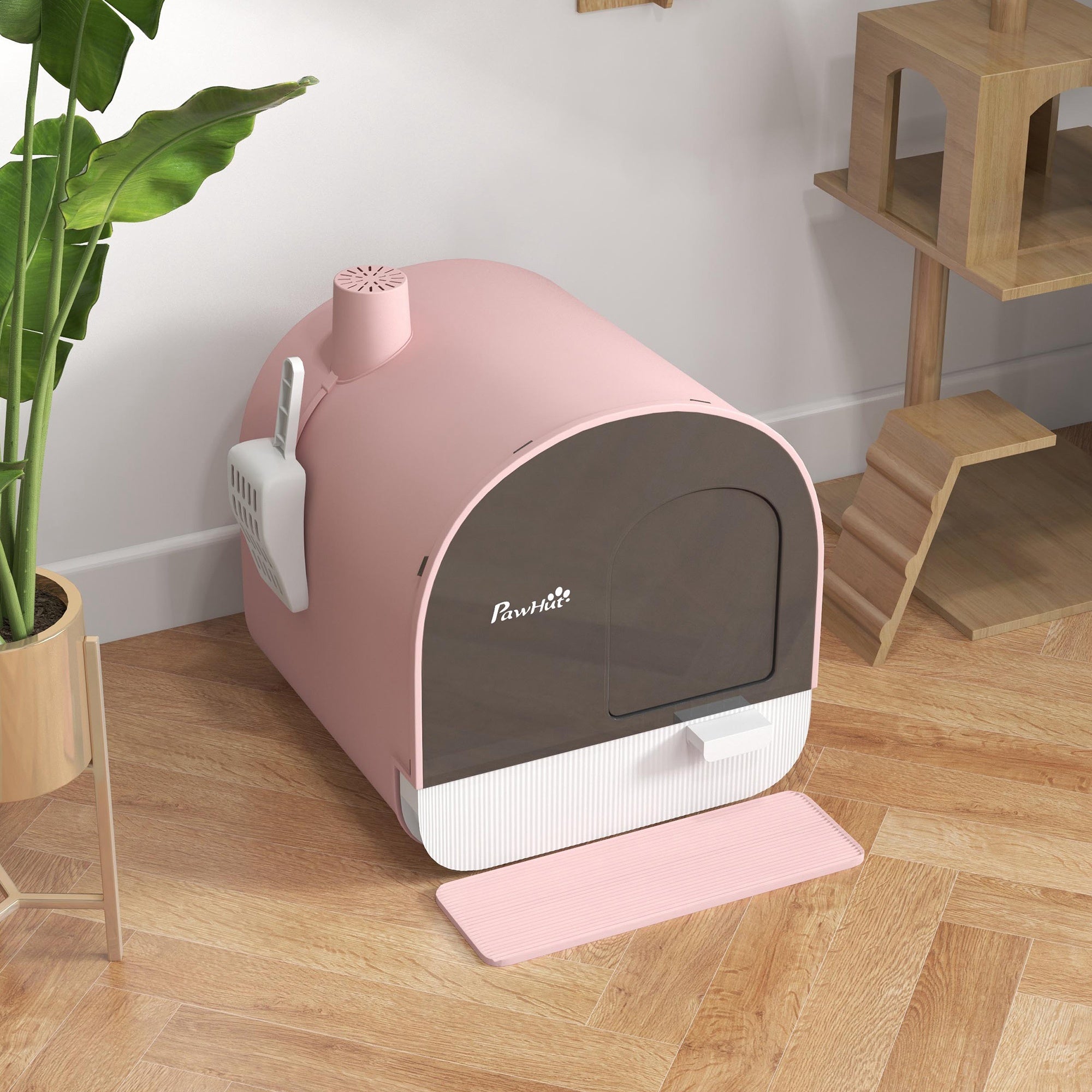 Cat Litter Box with Lid, Cat Toilet Including Scoop and Cat Litter Mat, Pull-Out Tray, Cat Litter Box for Large Cats, Pink, 43 x 44 x 47 cm
