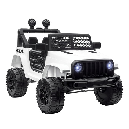 Kids Electric Car for +3 Years All-Terrain Buggy 12V Battery with 2 Motors Remote Control 2.4G Headlights Horn Adjustable Speed Load 30 kg 100x65x72 cm White