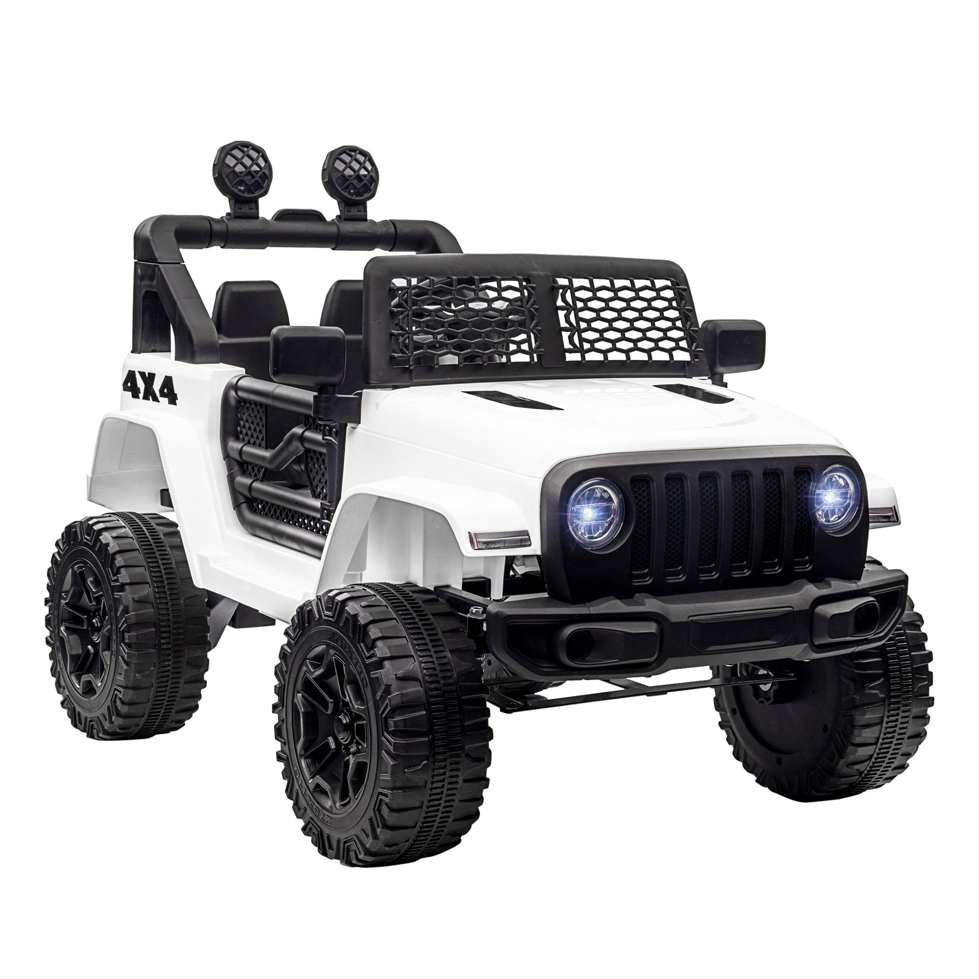 Kids Electric Car for +3 Years All-Terrain Buggy 12V Battery with 2 Motors Remote Control 2.4G Headlights Horn Adjustable Speed Load 30 kg 100x65x72 cm White