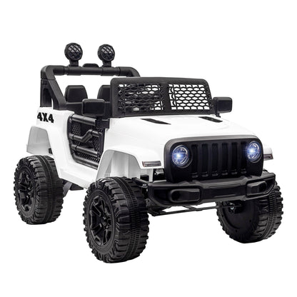Kids Electric Car for +3 Years All-Terrain Buggy 12V Battery with 2 Motors Remote Control 2.4G Headlights Horn Adjustable Speed Load 30 kg 100x65x72 cm White