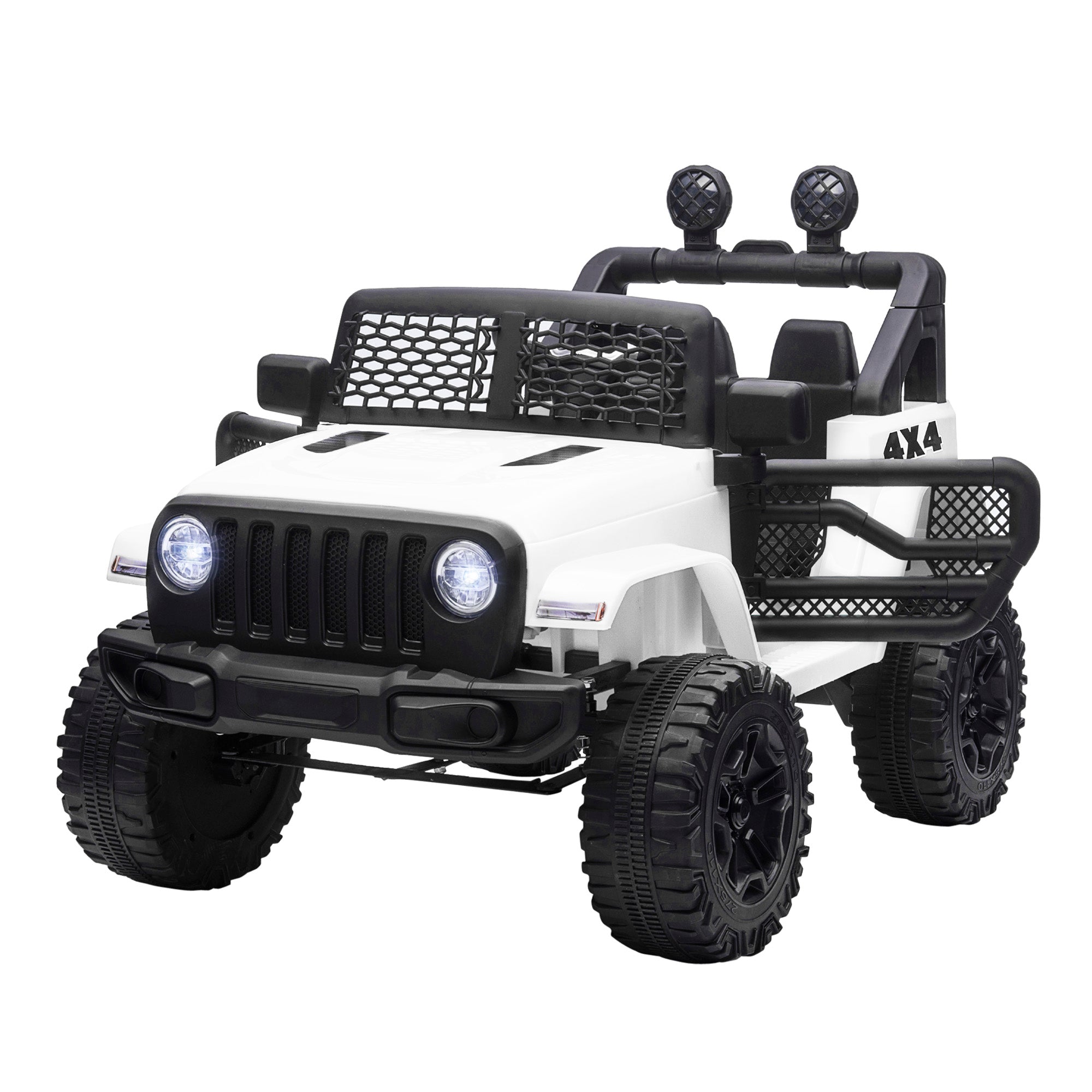 Kids Electric Car for +3 Years All-Terrain Buggy 12V Battery with 2 Motors Remote Control 2.4G Headlights Horn Adjustable Speed Load 30 kg 100x65x72 cm White