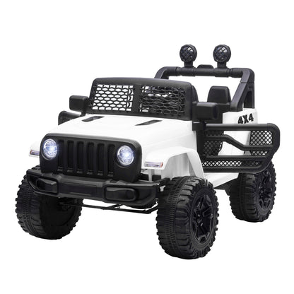 Kids Electric Car for +3 Years All-Terrain Buggy 12V Battery with 2 Motors Remote Control 2.4G Headlights Horn Adjustable Speed Load 30 kg 100x65x72 cm White