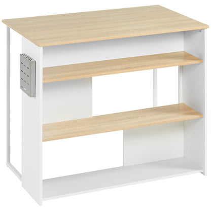 Kitchen Bar Table with 3 Shelves and Stainless Steel Knife Holder, 105 x 65 x 90 cm, White and Natural