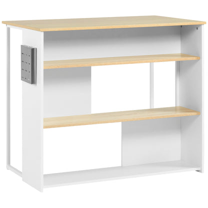 Kitchen Bar Table with 3 Shelves and Stainless Steel Knife Holder, 105 x 65 x 90 cm, White and Natural