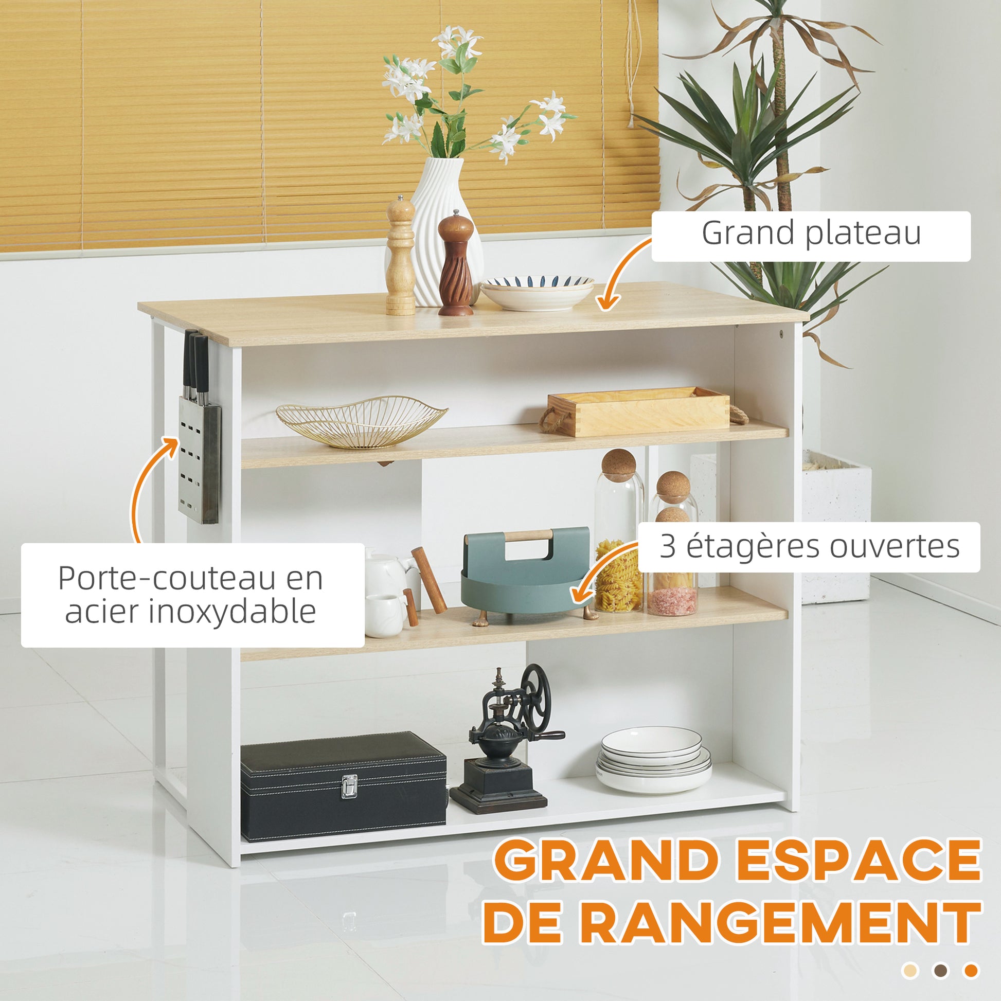 Kitchen Bar Table with 3 Shelves and Stainless Steel Knife Holder, 105 x 65 x 90 cm, White and Natural