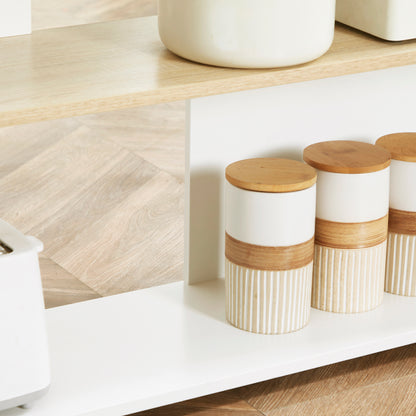 Kitchen Bar Table with 3 Shelves and Stainless Steel Knife Holder, 105 x 65 x 90 cm, White and Natural