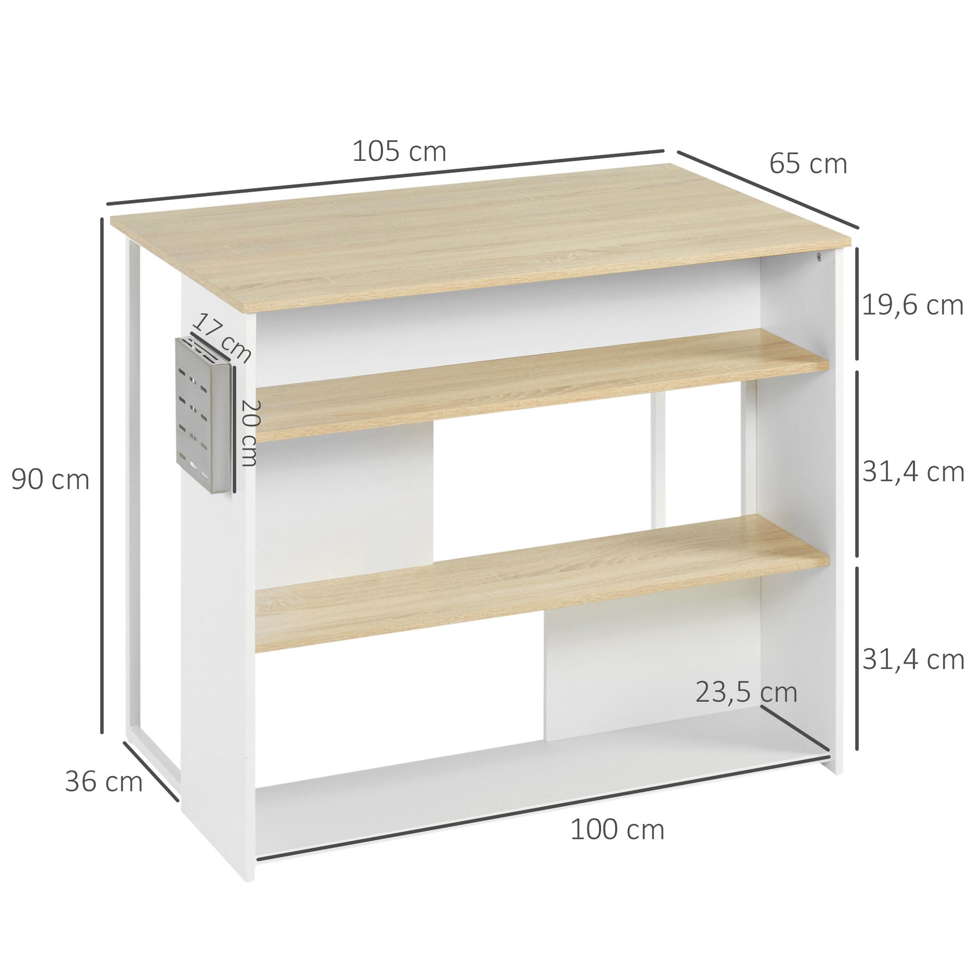 Kitchen Bar Table with 3 Shelves and Stainless Steel Knife Holder, 105 x 65 x 90 cm, White and Natural