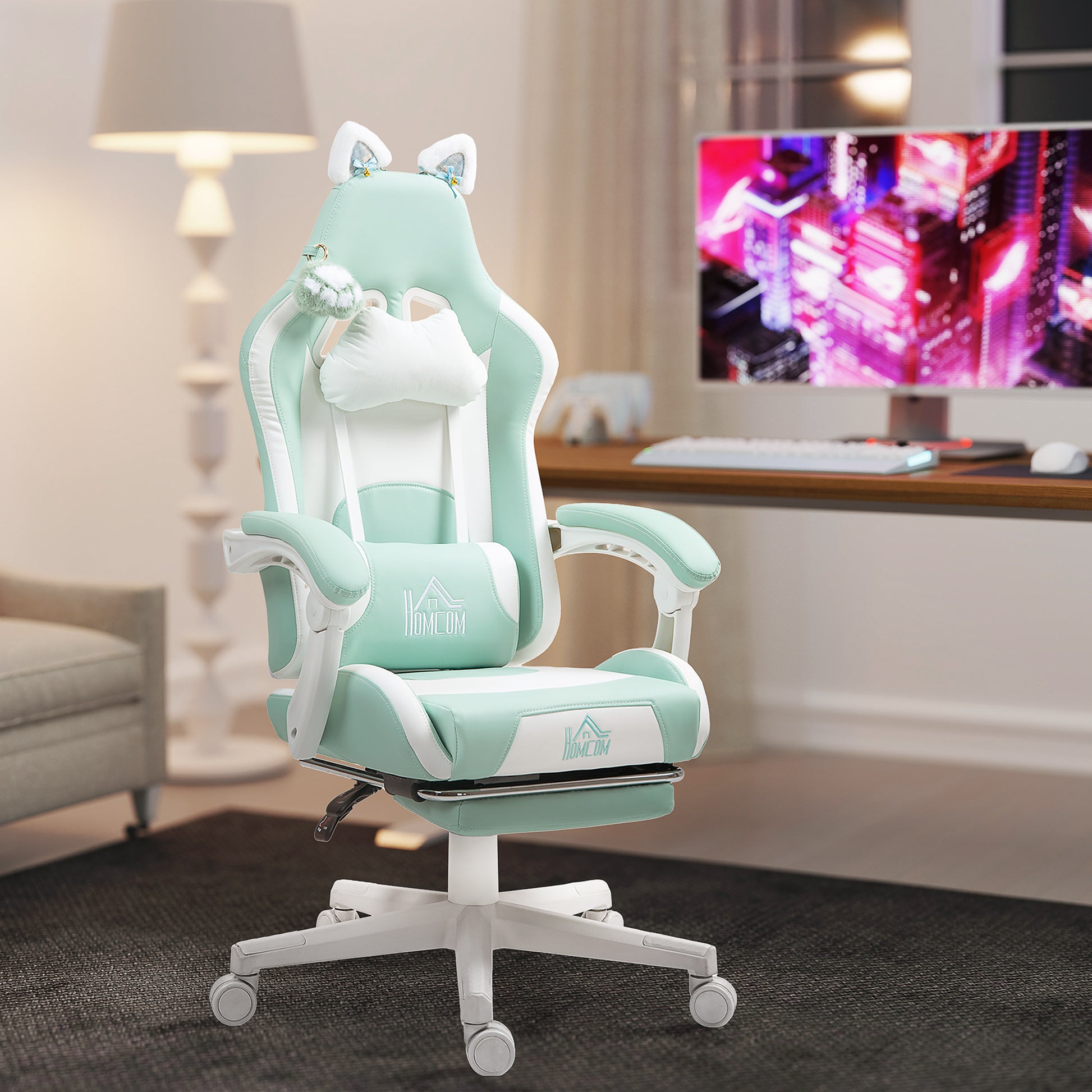Gaming Chair with Cat Ear Design Reclining Gamer Chair with Adjustable Height Retractable Footrest Lumbar Support and Detachable Headrest Chair for Office Study Light Blue