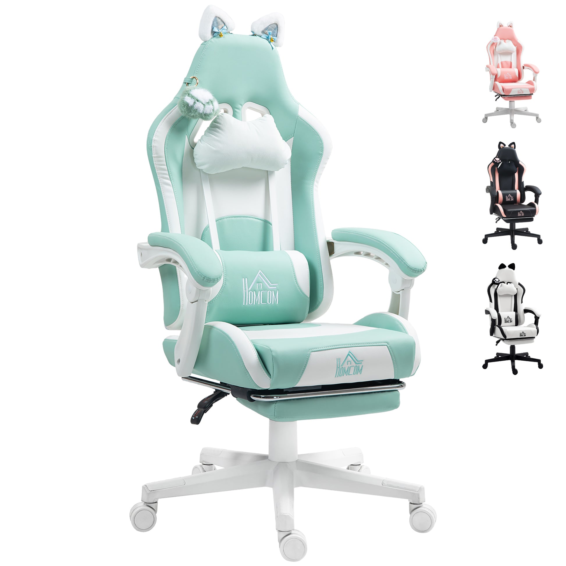 Gaming Chair with Cat Ear Design Reclining Gamer Chair with Adjustable Height Retractable Footrest Lumbar Support and Detachable Headrest Chair for Office Study Light Blue