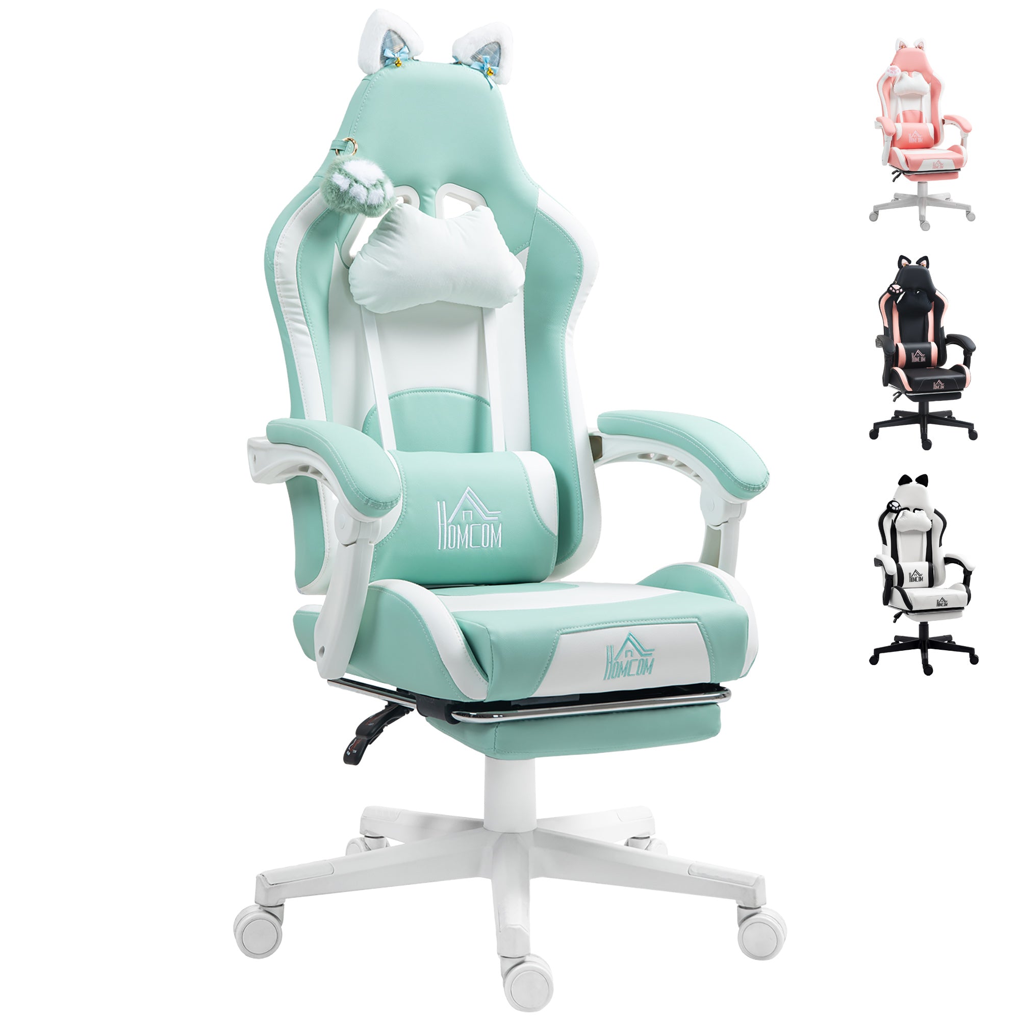 Gaming Chair with Cat Ear Design Reclining Gamer Chair with Adjustable Height Retractable Footrest Lumbar Support and Detachable Headrest Chair for Office Study Light Blue