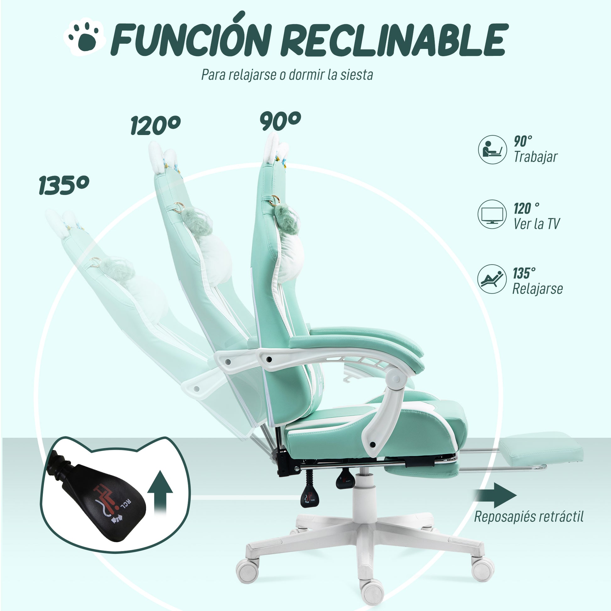 Gaming Chair with Cat Ear Design Reclining Gamer Chair with Adjustable Height Retractable Footrest Lumbar Support and Detachable Headrest Chair for Office Study Light Blue