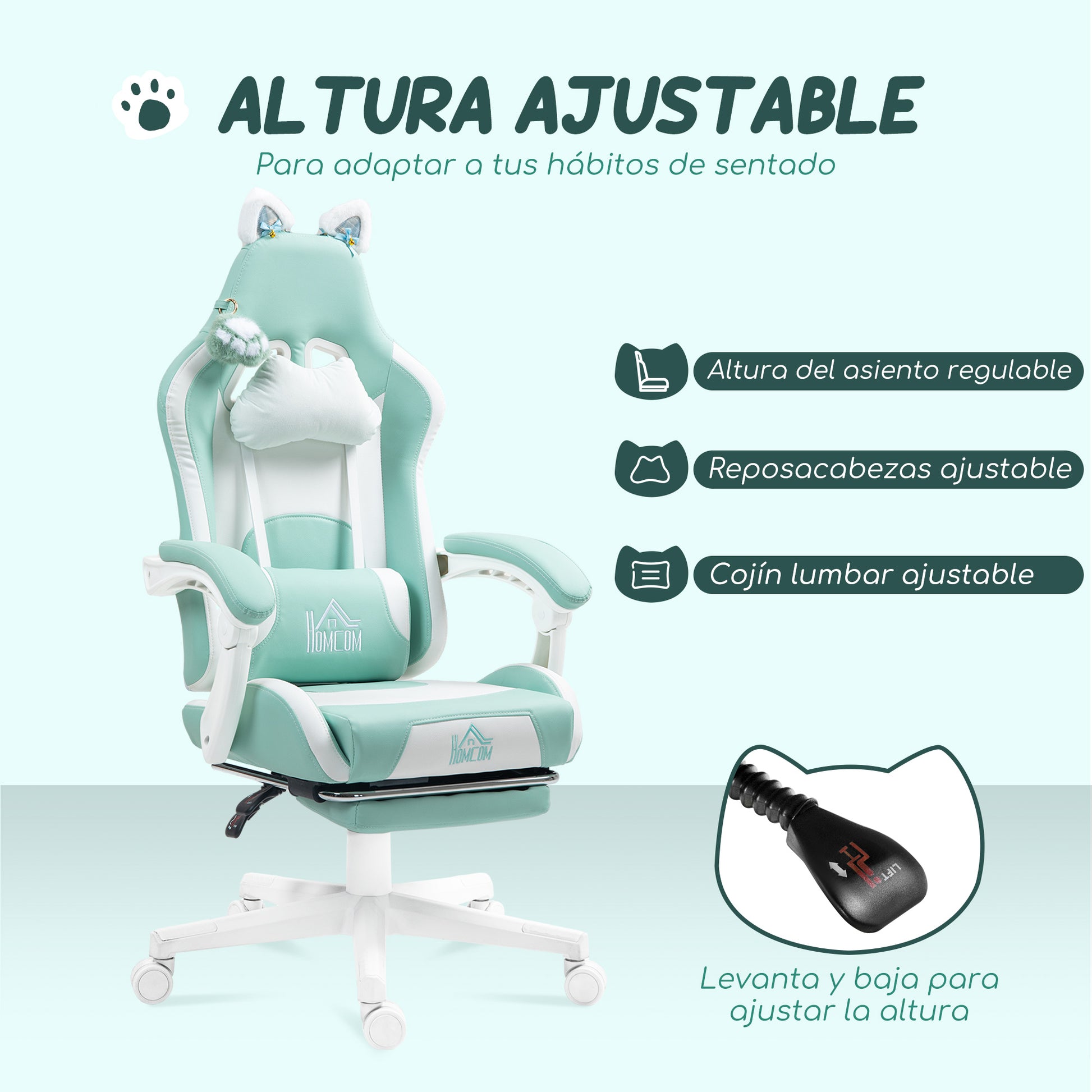 Gaming Chair with Cat Ear Design Reclining Gamer Chair with Adjustable Height Retractable Footrest Lumbar Support and Detachable Headrest Chair for Office Study Light Blue