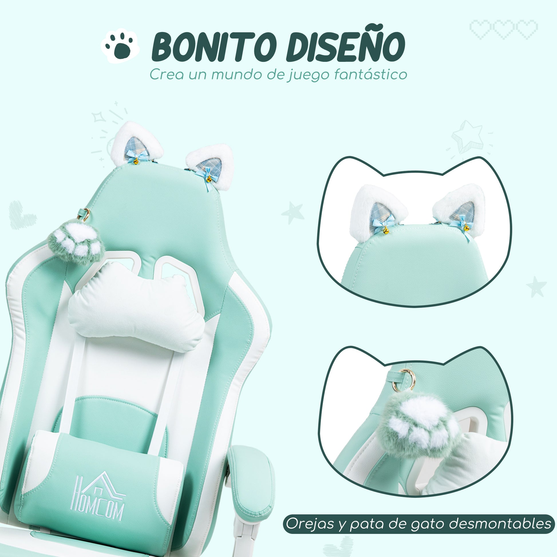 Gaming Chair with Cat Ear Design Reclining Gamer Chair with Adjustable Height Retractable Footrest Lumbar Support and Detachable Headrest Chair for Office Study Light Blue