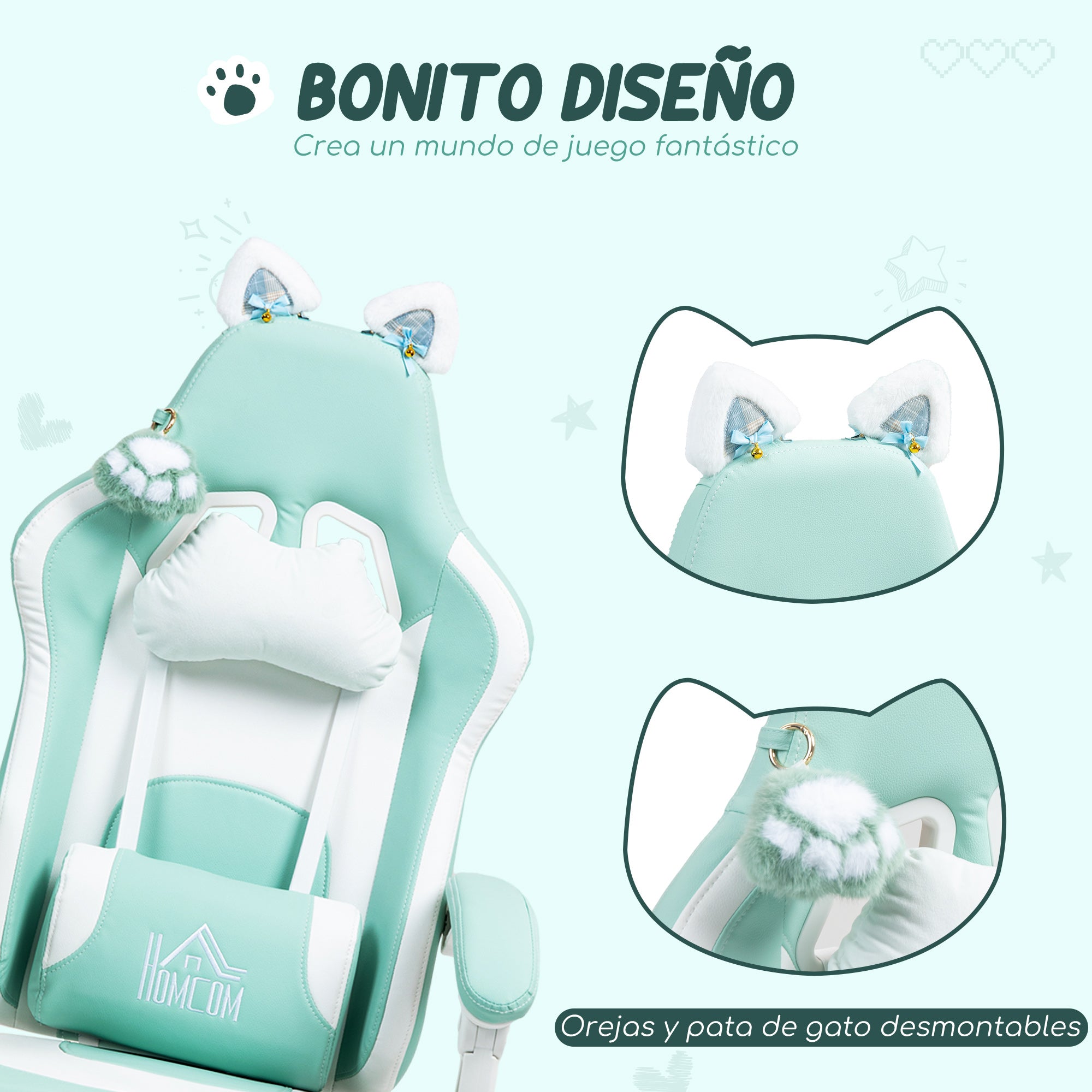 Gaming Chair with Cat Ear Design Reclining Gamer Chair with Adjustable Height Retractable Footrest Lumbar Support and Detachable Headrest Chair for Office Study Light Blue