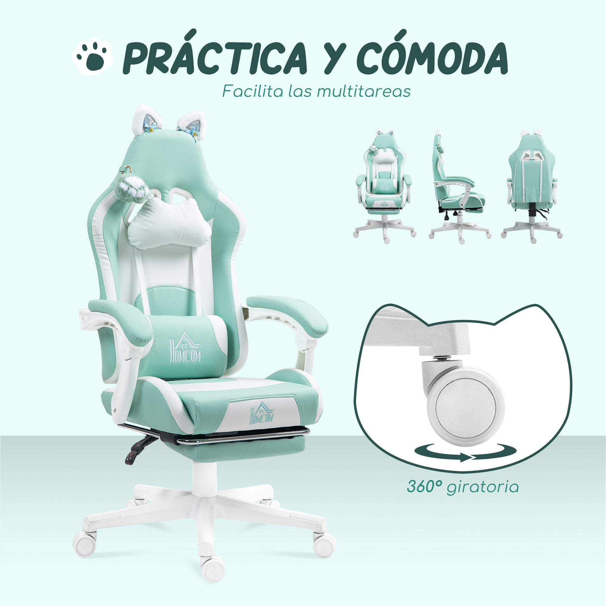 Gaming Chair with Cat Ear Design Reclining Gamer Chair with Adjustable Height Retractable Footrest Lumbar Support and Detachable Headrest Chair for Office Study Light Blue