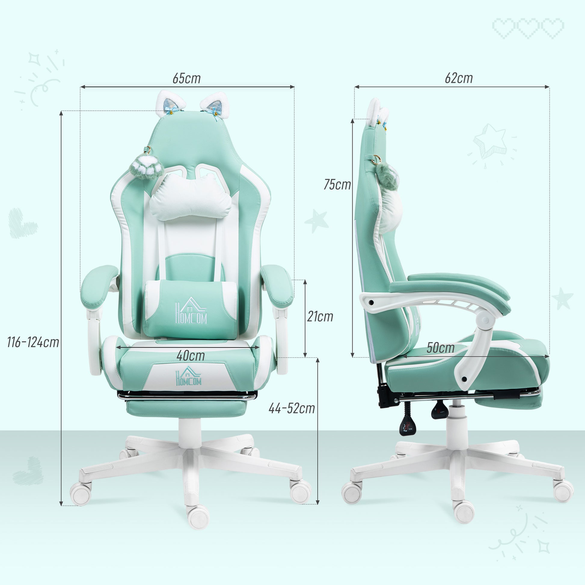 Gaming Chair with Cat Ear Design Reclining Gamer Chair with Adjustable Height Retractable Footrest Lumbar Support and Detachable Headrest Chair for Office Study Light Blue