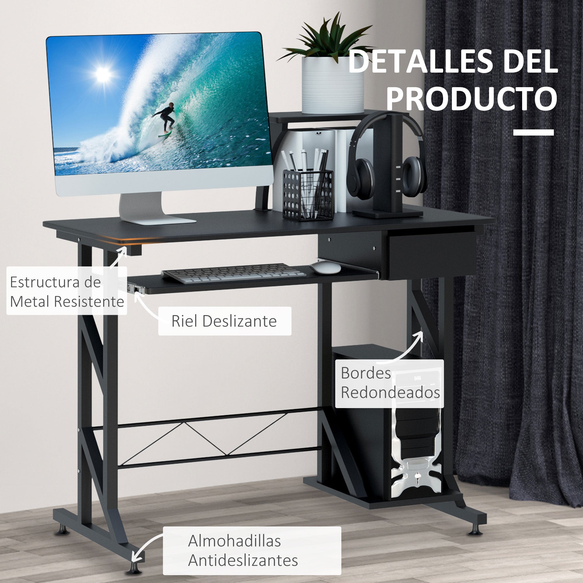 Computer Desk Study Table with Keyboard Tray and Drawer Home Office Workstation 90x50x100 cm Black
