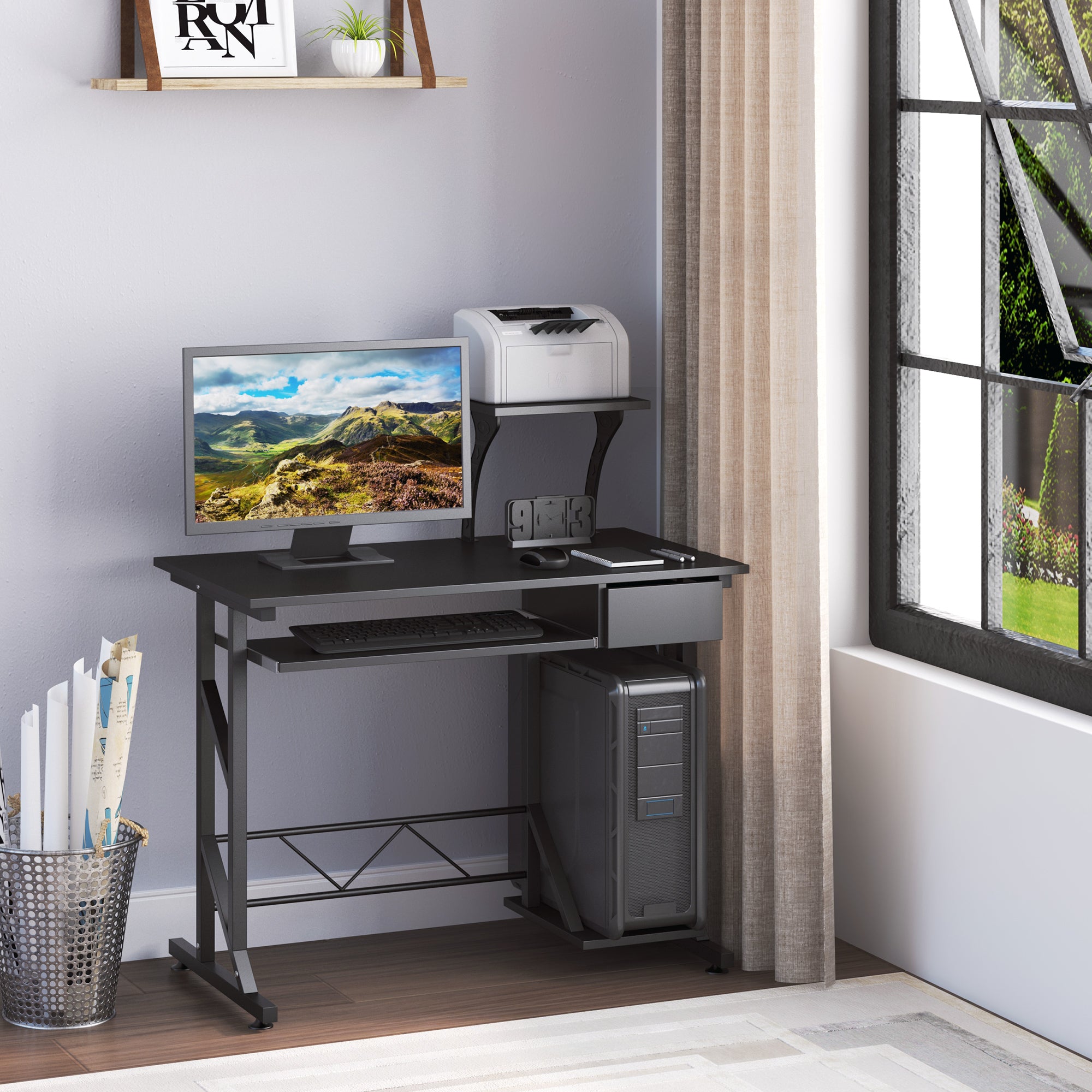Computer Desk Study Table with Keyboard Tray and Drawer Home Office Workstation 90x50x100 cm Black